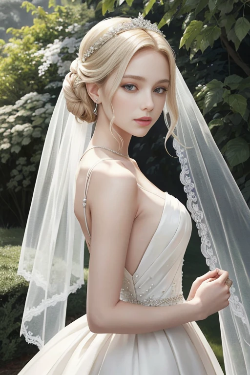 The image depicts a young woman with blonde hair styled in an elegant updo, adorned with a veil that cascades down her back. She is wearing a white bridal gown with intricate beading and lace detailing, which adds a touch of sophistication and romance to her appearance. The gown features a deep neckline and thin straps, accentuating her shoulders and upper chest.
The woman's makeup is done in a natural, yet dramatic style, with defined eyeliner and eyeshadow that enhance her blue eyes. Her lips are subtly colored, complementing the overall soft and ethereal look.
The background of the image is softly blurred, suggesting a natural setting with greenery, possibly a garden or a forest, which adds to the serene and dreamy atmosphere of the portrait. The lighting is warm and soft, casting gentle shadows and highlighting the textures of her hair and the fabric of her dress.
Overall, the image captures a moment of quiet beauty and elegance, evoking a sense of timelessness and grace.