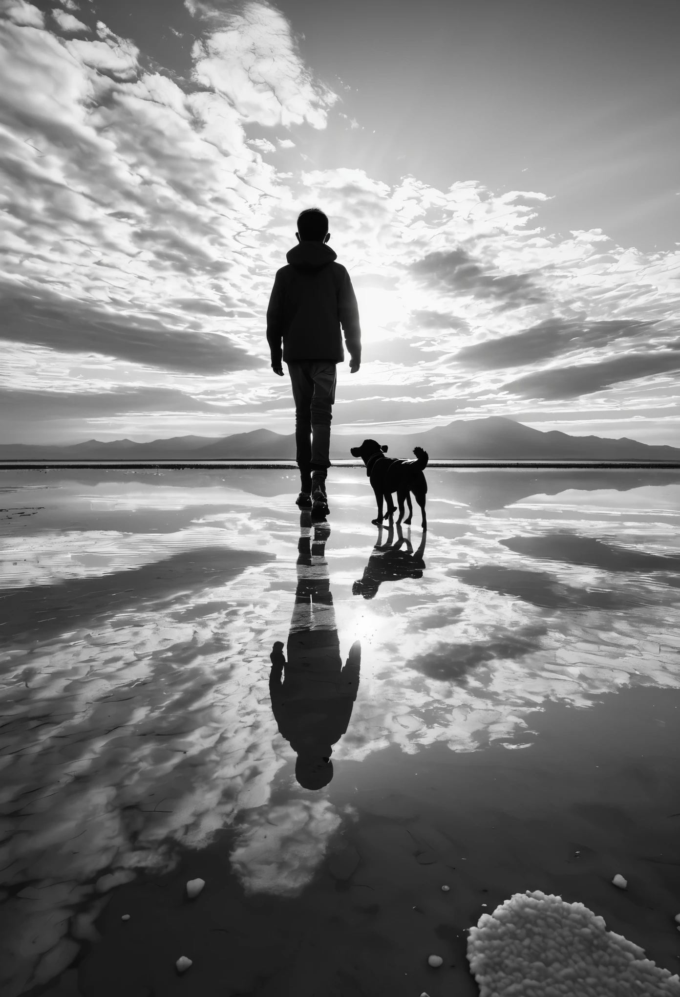 The largest salt lake in the world,Wide-angle lens,dawn,black and white photography,A boy and a dog walk on it,Create beautiful reflections,Symmetrical composition,Sky and clouds,artist style,Minimalism