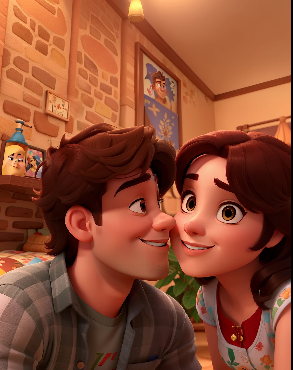 Casal (homem moreno e mulher branca) no estilo Disney Pixar, alta qualidade, melhor qualidade.