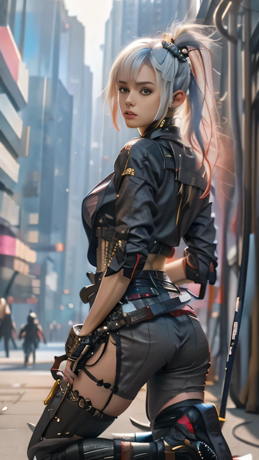 A woman kneeling on one knee with a sword in her hand, very beautiful cyberpunk samurai, she is holding a katana sword, pulling the katana out of its sheath, she is holding a sword, Korean polearm ornate back decoration, realistic 3D anime style, cgsociety 9,2.5D cgi anime fantasy artwork, realistic 3 d anime.pose beautiful.redAssassin.Standing and sitting with hands on knees, carrying sword on shoulder.(Standing with arms crossed over chest, back to wall).white hair.big thighs.ta robot.