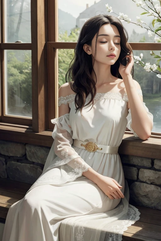 The image depicts a young woman in a serene setting, exuding an air of tranquility and introspection. She is seated by a window, her posture relaxed yet poised, with her chin resting gently on her hand. Her attire is elegant and timeless, featuring a white, flowing dress with a delicate lace neckline that adds a touch of sophistication. The dress's draped sleeves and the gold belt cinching her waist contribute to the overall ethereal and graceful appearance.
The woman's long, wavy hair cascades down her shoulders, complementing her thoughtful expression. Her eyes are closed, suggesting she is lost in thought or perhaps enjoying a moment of quiet reflection. The soft lighting illuminates her face, highlighting her features and the gentle curve of her lips.
The background is simple yet evocative, with a stone wall and a wooden window frame that provide a rustic charm. The window allows natural light to filter into the scene, casting a warm glow on the woman and the surrounding area. The overall composition of the image, with its soft focus and muted color palette, creates a sense of calm and introspection, inviting the viewer to share in the woman's moment of quiet solitude.