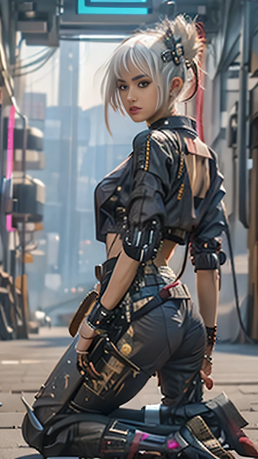A woman kneeling on one knee with a sword in her hand, very beautiful cyberpunk samurai, she is holding a katana sword, pulling the katana out of its sheath, she is holding a sword, Korean polearm ornate back decoration, realistic 3D anime style, cgsociety 9,2.5D cgi anime fantasy artwork, realistic 3 d anime.pose beautiful.redAssassin.Standing and sitting with hands on knees, carrying sword on shoulder.(Standing with arms crossed over chest, back to wall).white hair.big thighs.lolita robot.