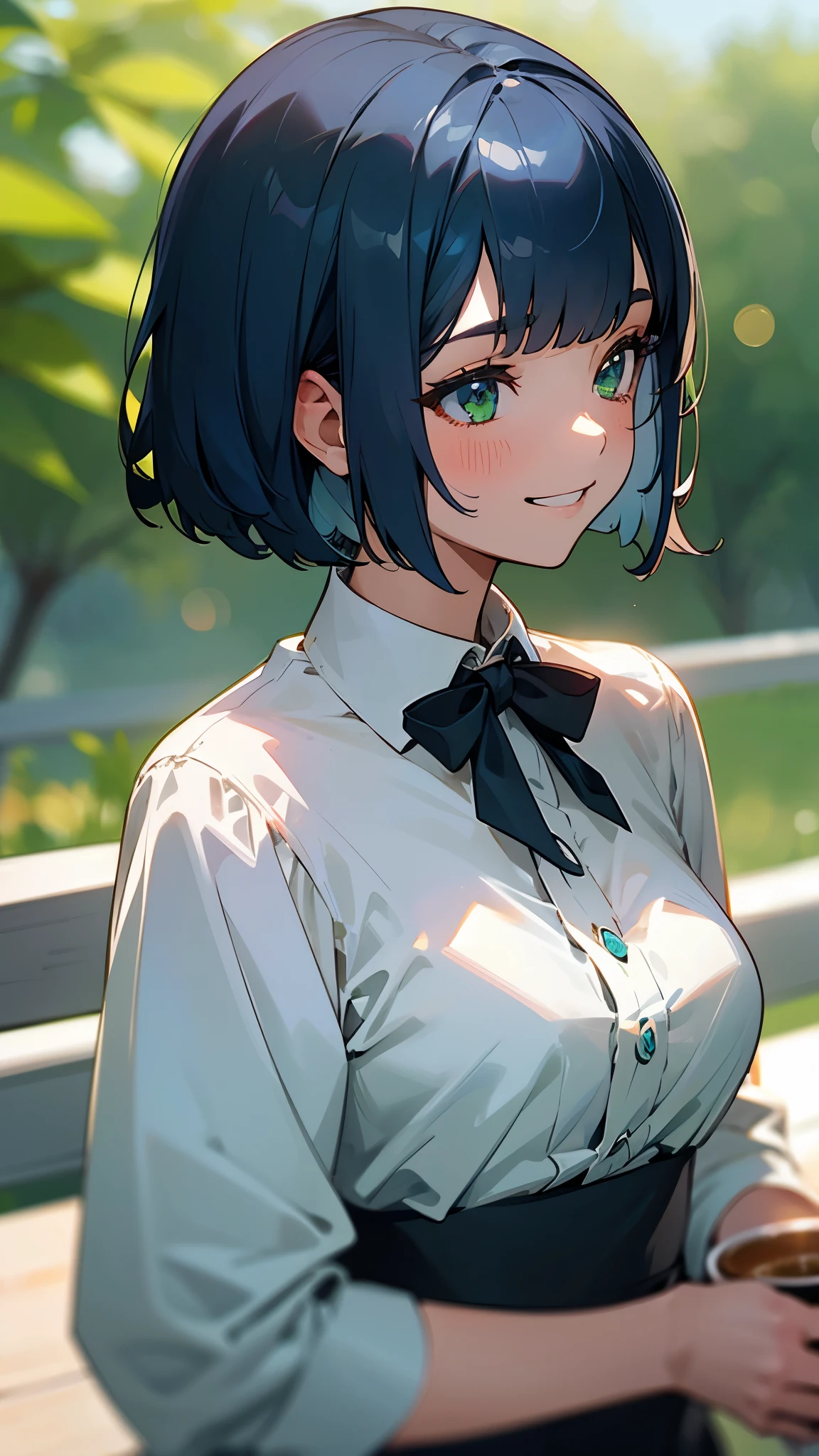 １girl、dark blue hair、bob cut、beautiful green eyes、grin、profile、upper body close-up、Morning café terrace、background bokeh, Depth of the bounds written