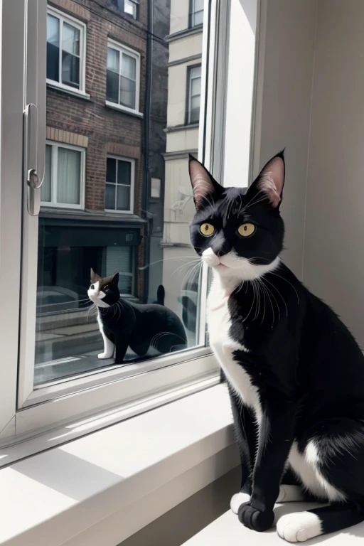 In the image, there is a black and white cat sitting on a window sill. The cat is looking directly at the camera with a focused and somewhat inquisitive expression. Its ears are perked up, indicating alertness. The cat's fur is predominantly black with white markings on its face, chest, and paws. The background shows a street scene with buildings, suggesting an urban setting. The window has a dark frame, and the cat is positioned in such a way that it appears to be looking out onto the street. The lighting in the photo is natural, suggesting it might be daytime. The cat's posture and gaze give the impression that it is interested in what is happening outside the window.