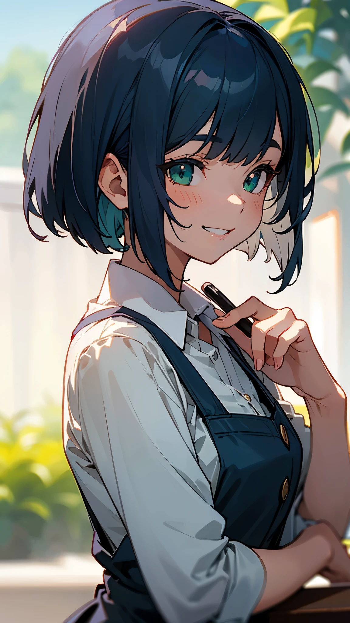 １girl、dark blue hair、bob cut、beautiful green eyes、grin、profile、upper body close-up、Morning café terrace、background bokeh, Depth of the bounds written