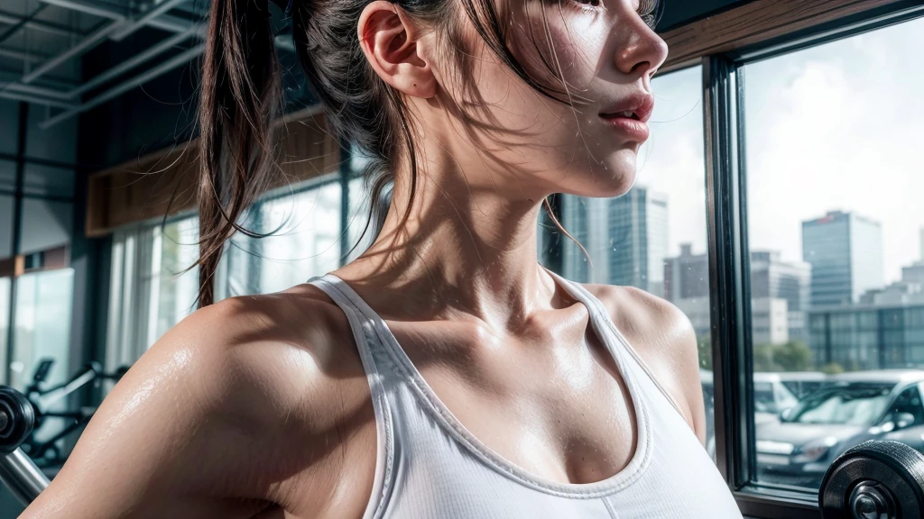 ((A woman wearing white sports bra)), at the gym ,profile, upper body shot, 40k, photography, master part, best quality, ((She has a beautiful face)), very short hear, Ultra-detailed face, Detailed eyes, Film lighting completes the overall atmosphere