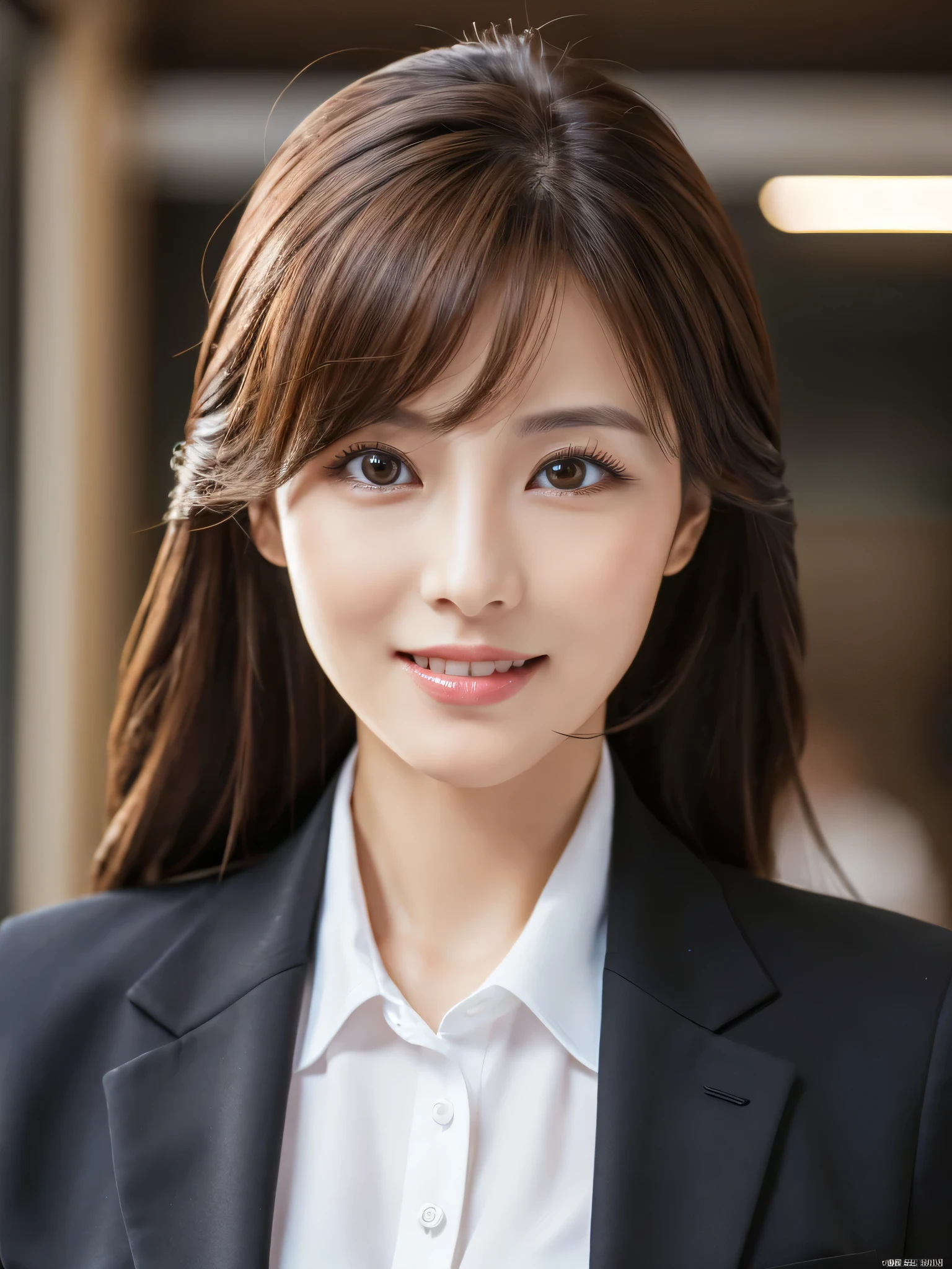 table top、highest quality、genuine、Super detailed、finely、High resolution、8k wallpaper、one beautiful woman、、、light brown disheveled hair、wearing a business suit、sharp focus、perfect dynamic composition、beautiful and detailed eyes、thin hair、Detailed genuine skin texture、smile、close-up portrait、model body shape