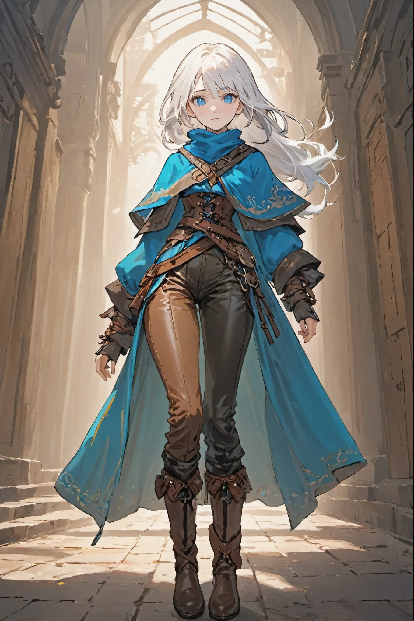 bright blue eyes, ((white hair)), white hair, female adventurer, full body, game art style, (masterpiece),  (colorful clothing), scarves, leather belts, half skirt over pants and boots, flowing blouse and leather corset, best quality, highres, 4k, 8k, Detailed Illustration, intricate detail, cinematic lighting, amazing quality, 1girl, fit female, amazing shading, soft lighting, facing camera, perfect eyes