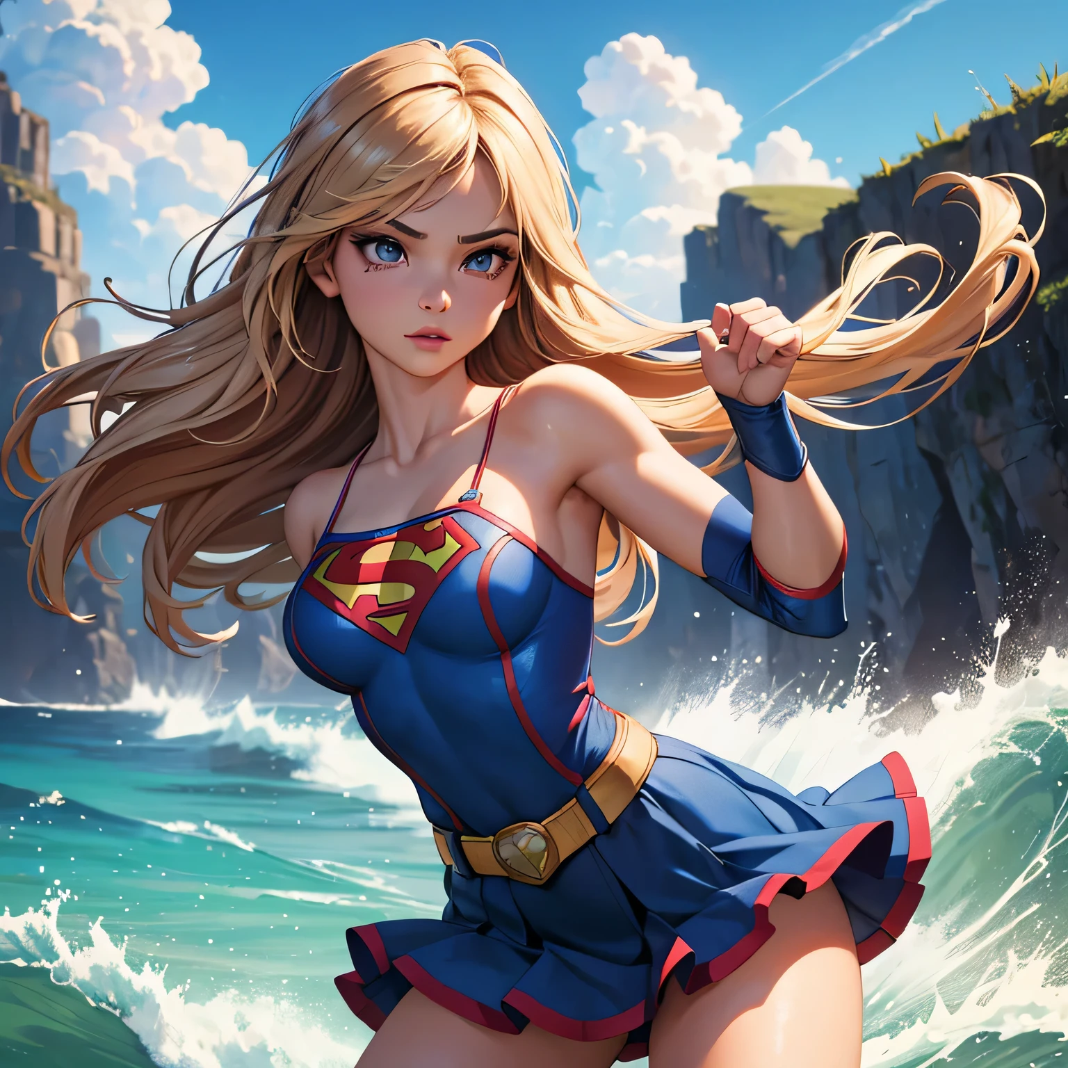 Best Quality, Masterpiece, (Realistic: 1.2), Photo-Realistic, Only One Supergirl in a Bikini Flying at the Water Wave of a Lake, Chest Forward, Mouth Open --auto --s2