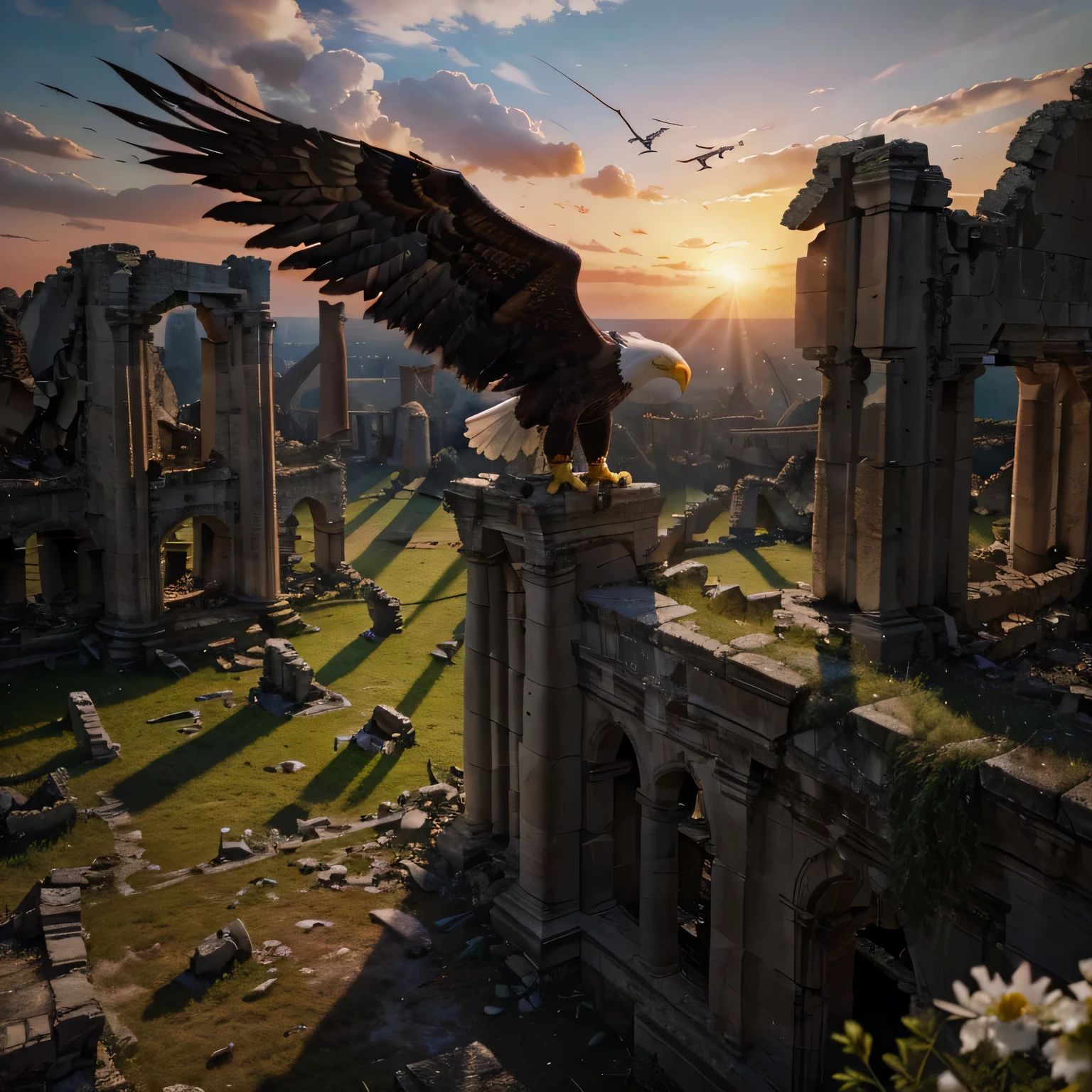 (un aigle brillant volant au-dessus d'un champ de ruines sombres avec un fond rouge), (best quality, high resolution, hdr), (Illustration), (detailed ruins, pierres qui s'effritent, broken pillars), (Des couleurs vives, Contrasting tones), (sharpness, Ultra-detailed), (une fleur blanche poussant au milieu des ruines)