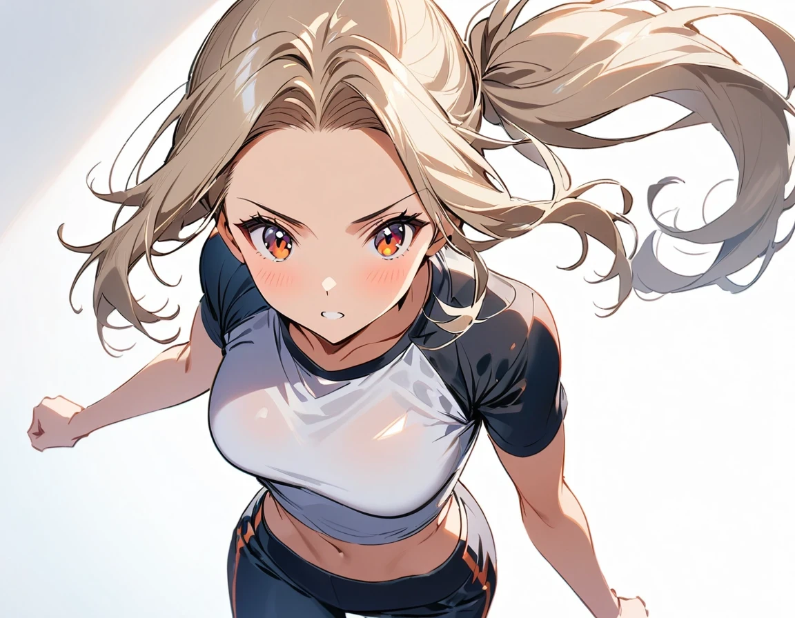 ((masterpiece:1.2, best quality)), 1Aldi, alone, (fitness clothes), platinum blonde, long hair, (top view, Front focus, look directly), (forehead), Jump, above waist, ponytail, big deal , us:1.1