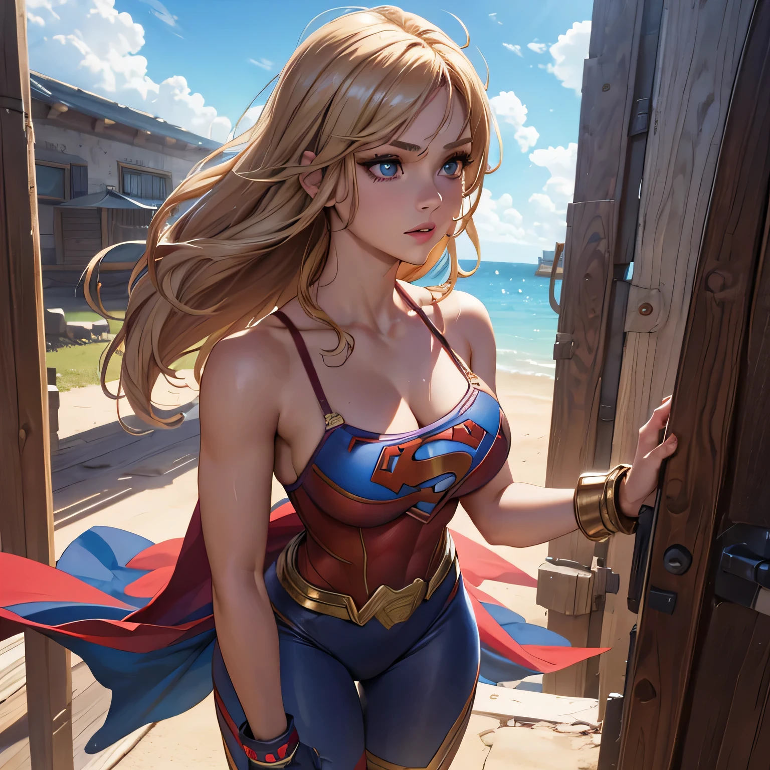 best quality, ultra-detailed, masterpiece, fine details, high res, 8k wallpaper, best quality, highres, cowboy shot, supergirl, super sexy, spaghetti strap top, dynamic action, flying, doing superhero stuff, superhero, beautiful girl, woman, solo, fly, sky, cloudy sky, (cute:1.3), realistic, (cute), (detailed face), detailed eyes, detailed iris, detailed skin, masterpiece, professional photoshoot, perfect face, spaghetti strap top