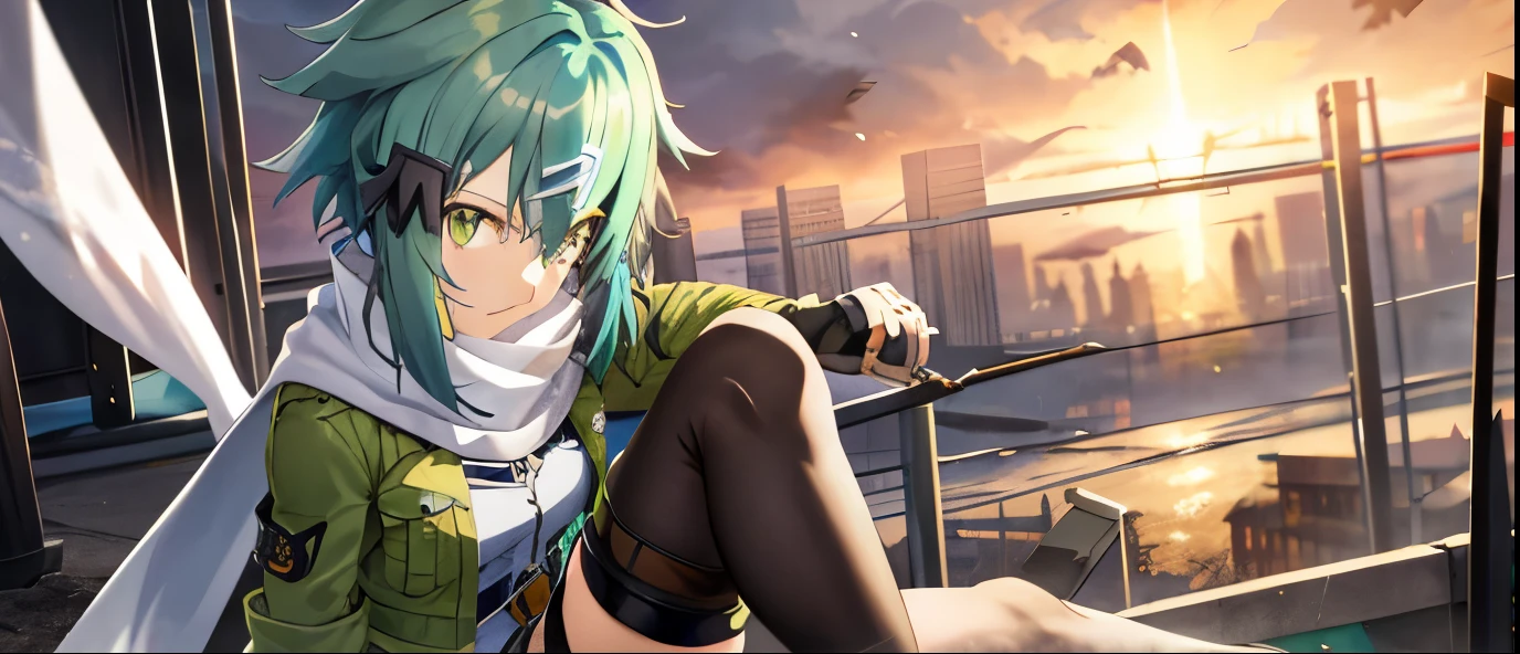 masterpiece, best quality, highres, 1girl, sinon1, scarf, fingerless gloves, long sleeves, short black shorts,light blue hair, hair ornament, hairclip, green thighhighs, green jacket, thigh strap, cowboy shot, ruins, sitting, (sword art online), hdr, urban, rooftop, collapsed buildings, war, catastrophe, disaster, serious, cold, glowing eyes, superpower, focusing, focus