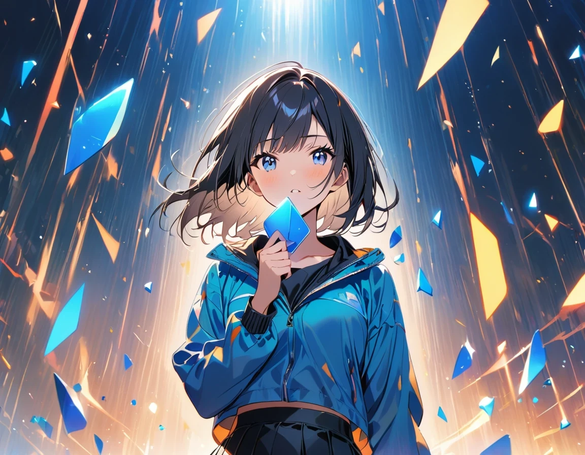 (best quality, masterpiece),(1 girl, windbreaker,expressive face, blue eyes, looking at the audience, black hair, shut your mouth, formal shirt, black skirt, Reach out to the audience), (Reduce blue light, There are many blue glass shards hovering behind you., floating objects, night sky)