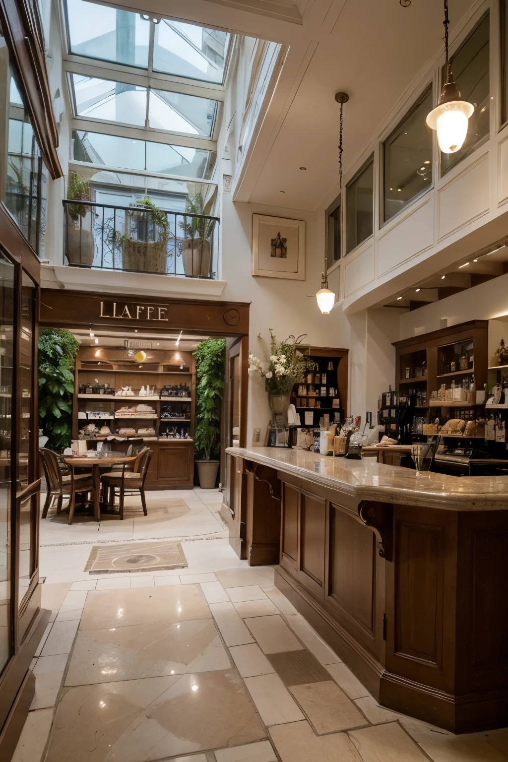 ((best quality)), ((masterpiece)), (detailed), Create a Ralph Lauren store 1st floor with Ralph Lauren's café and bar, nice garden. The store's design should according to their DNA