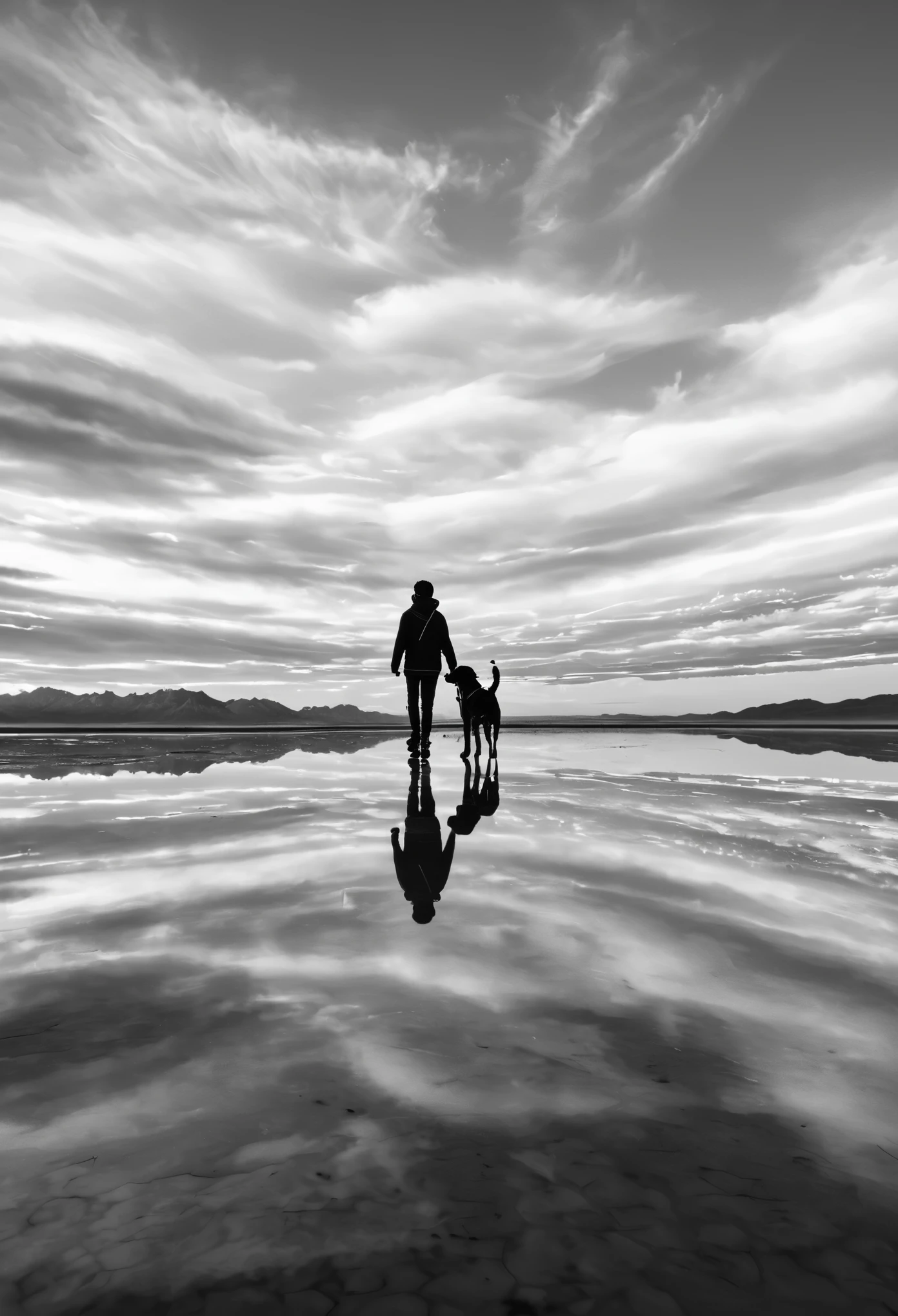The largest salt lake in the world,Wide-angle lens,dawn,black and white photography,A boy and a dog walk on it,Create beautiful reflections,Symmetrical composition,Sky and clouds,artist style,Minimalism