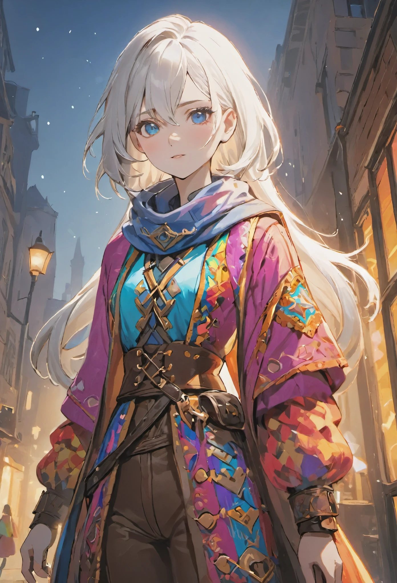 ((medium white hair)), sparkling pure white hair, female adventurer, game art style, (masterpiece), (colorful clothing 1:5), scarves, leather belts, half skirt over pants and boots, flowing blouse and leather corset, best quality, highres, 4k, 8k, Detailed Illustration, intricate detail, cinematic lighting, amazing quality, 1girl, fit female, amazing shading, soft lighting, facing camera, perfect eyes