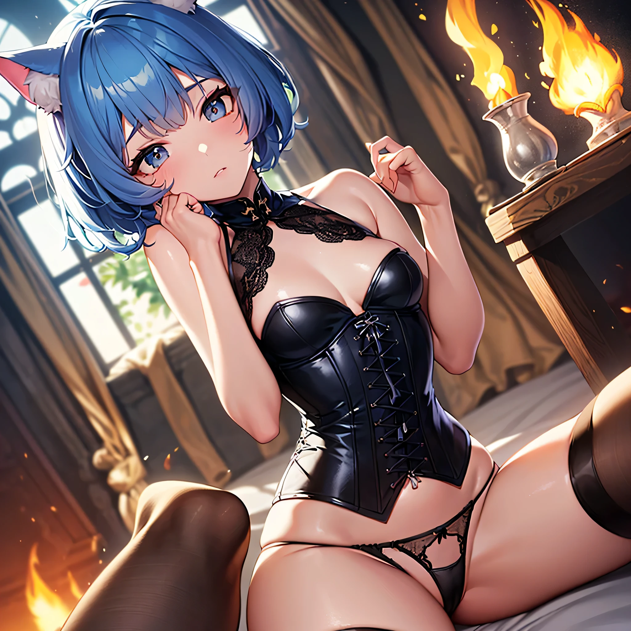 Intricate details: "((a sexy animated lady poses in revealing translucent clothes while in fire-lit fantasy setting, firm breasts, 1girl 18 years old, 100% see through all clothes, animal ears, short hair, see through panties, flat stomach, black panties, 100% see through all underwear, cat ears, looking at viewer, thighhighs, cleavage, corset, blue hair, string panties, 70% nude, random low angle))"