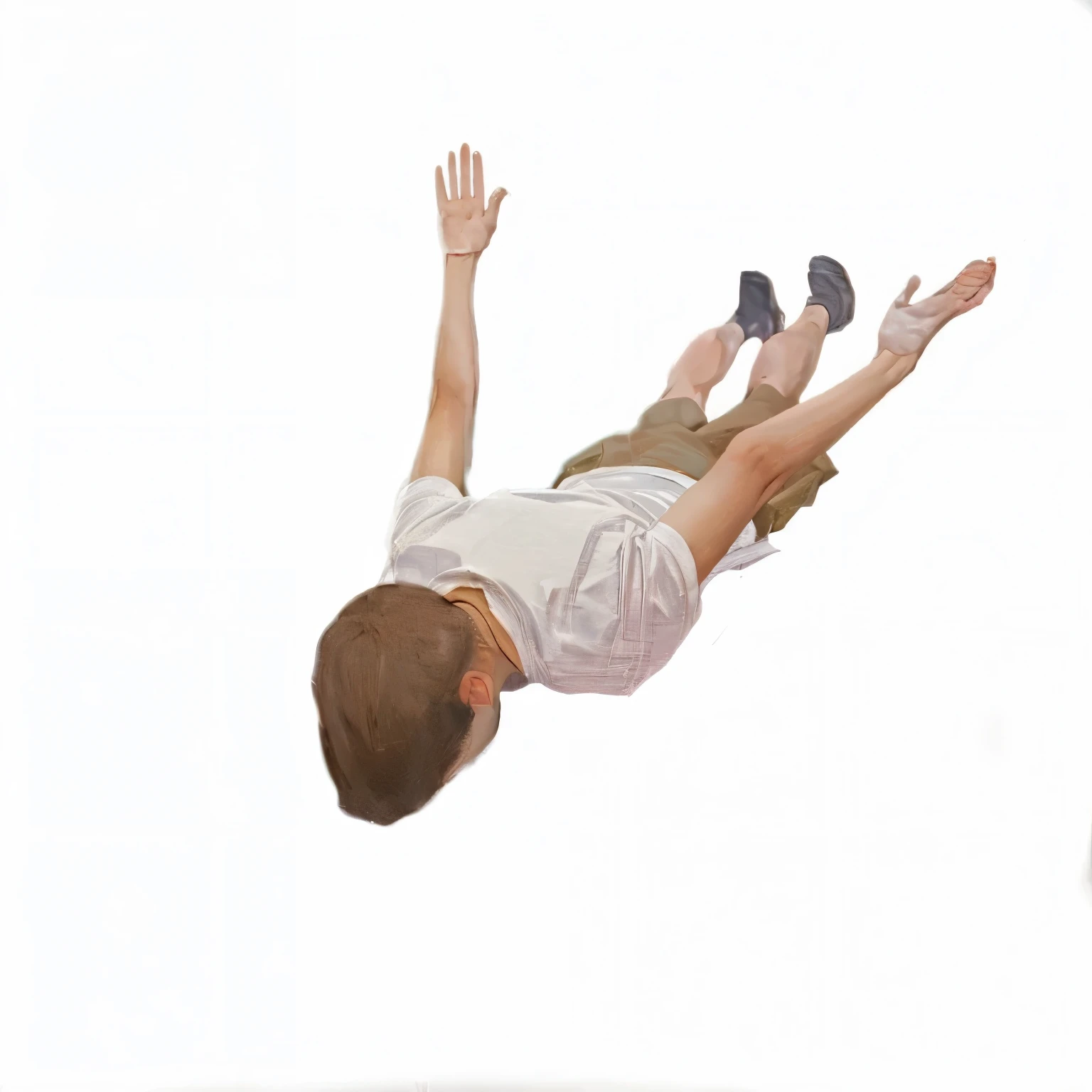 The boy makes a flying gesture with his hands spread out,White short sleeves