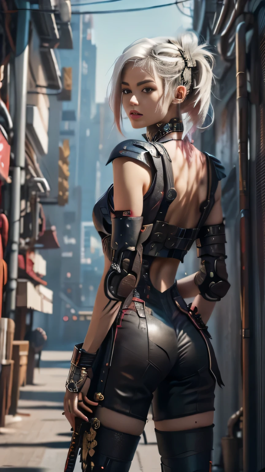 A woman very beautiful cyberpunk samurai, she is holding a katana sword, pulling the katana out of its sheath, she is holding a sword, her face behind ornate decoration with Korean pole gun, realistic 3D anime style, cgsociety 9,2.5D cgi anime fantasy artwork, realistic 3 d anime.pose beautiful.redAssassin.Standing and sitting with hands on head pillow, carrying sword on shoulder.(Standing with arms crossed over chest, back to wall).white hair.big robot thighs.lolita.