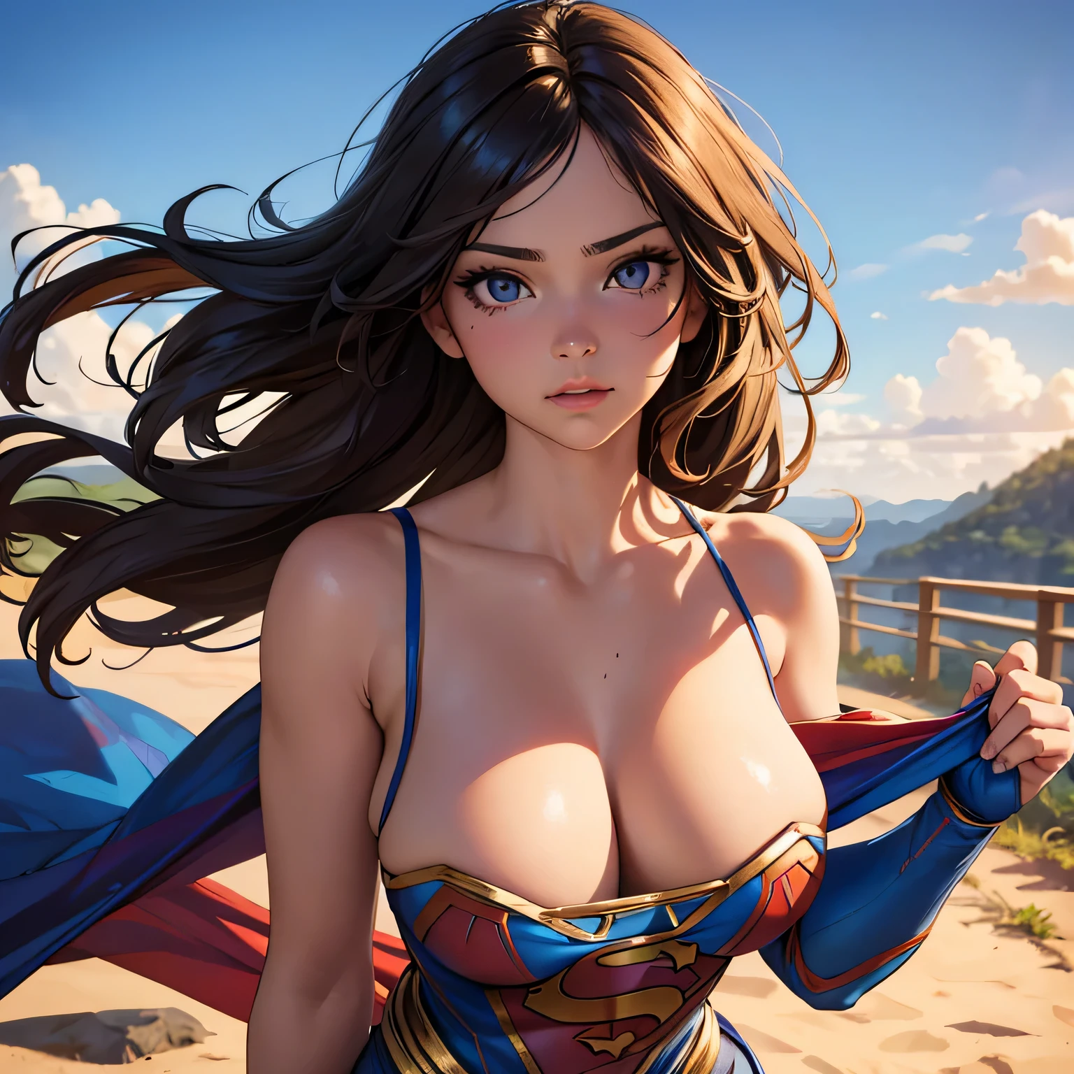best quality, ultra-detailed, masterpiece, fine details, high res, 8k wallpaper, best quality, highres, cowboy shot, supergirl, super sexy, spaghetti strap top, dynamic action, flying, doing superhero stuff, superhero, beautiful girl, woman, solo, fly, sky, cloudy sky, (cute:1.3), realistic, (cute), (detailed face), detailed eyes, detailed iris, detailed skin, masterpiece, professional photoshoot, perfect face, spaghetti strap top