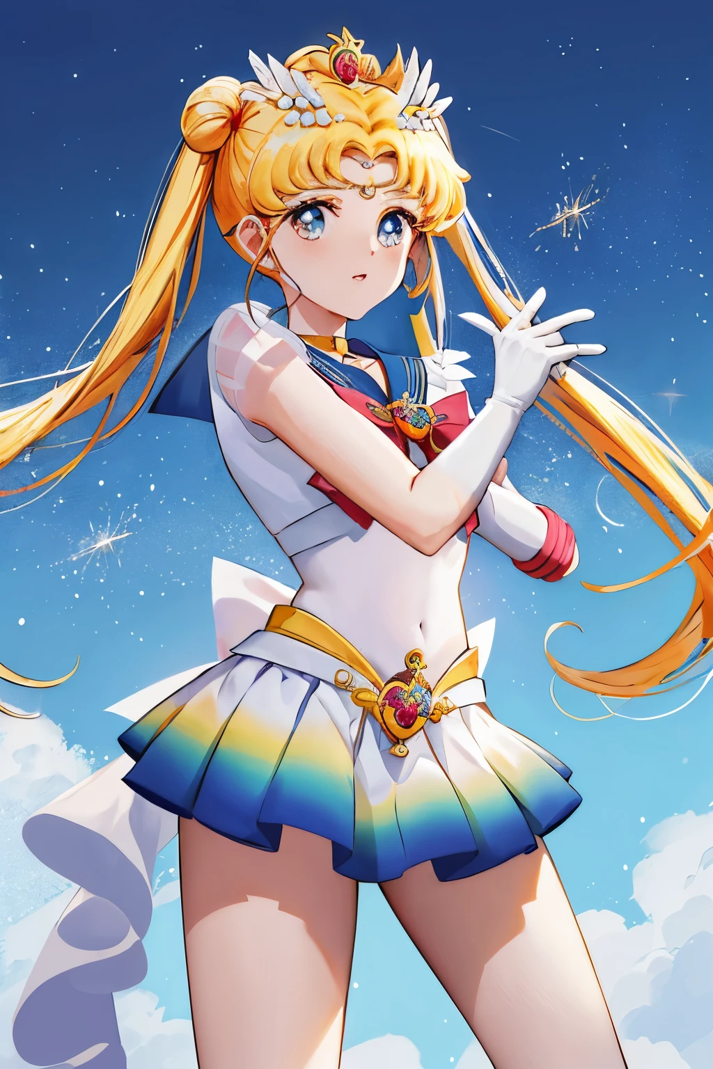 Obra-prima, A melhor qualidade, high resolution, 1 garota, apenas, Uniformes de Sailor Senshi, SMLua, 1990's \(Estilo\), cabelo loiro,  magic, olhos azuis, saia azul, Elbow-length gloves, tiara, falda plisada , Colar marinheiro azul, mini-saia, gargantilha, gargantilha azul, luvas brancas, Cabelo muito comprido, jewelry, brincos, sentada, pernas cruzadas, muito sexy. PERNAS ENROLADAS, mostrar saque