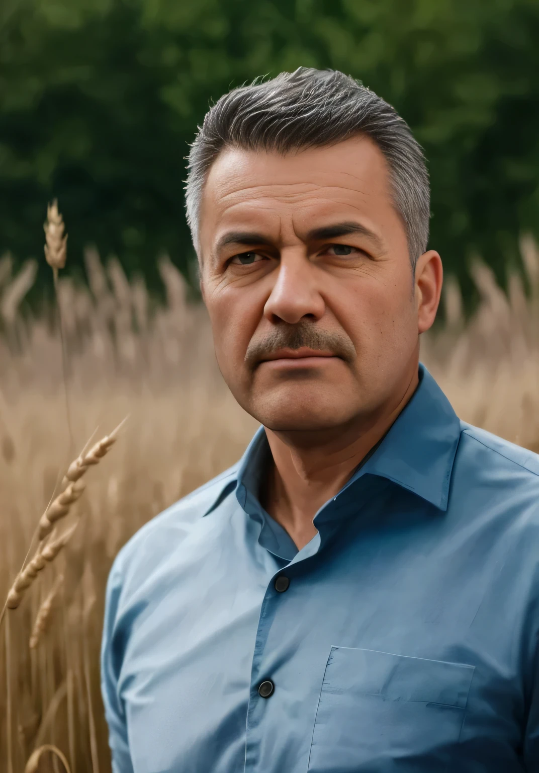 arafed man in a blue shirt standing in a field of wheat, by László Balogh, pranckevicius, oleg zherebin, high quality portrait, realistic portrait photo, stefan koidl, stefan koidl inspired, vsevolod ivanov, inspired by Ivan Mrkvička, vitaly bulgarov