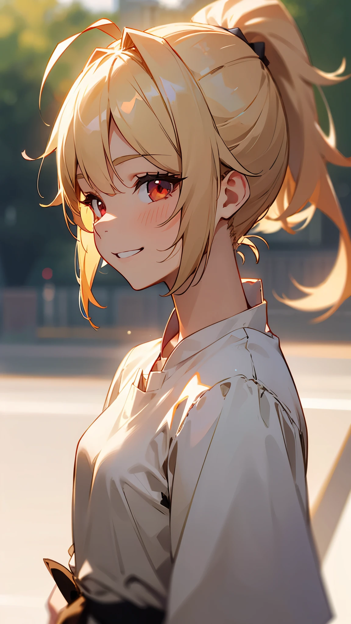 1girl、small breasts、blonde、red eye、ponytail、Ahoge、grin、profile、upper body close-up、Morning café terrace、background bokeh, Depth of the bounds written