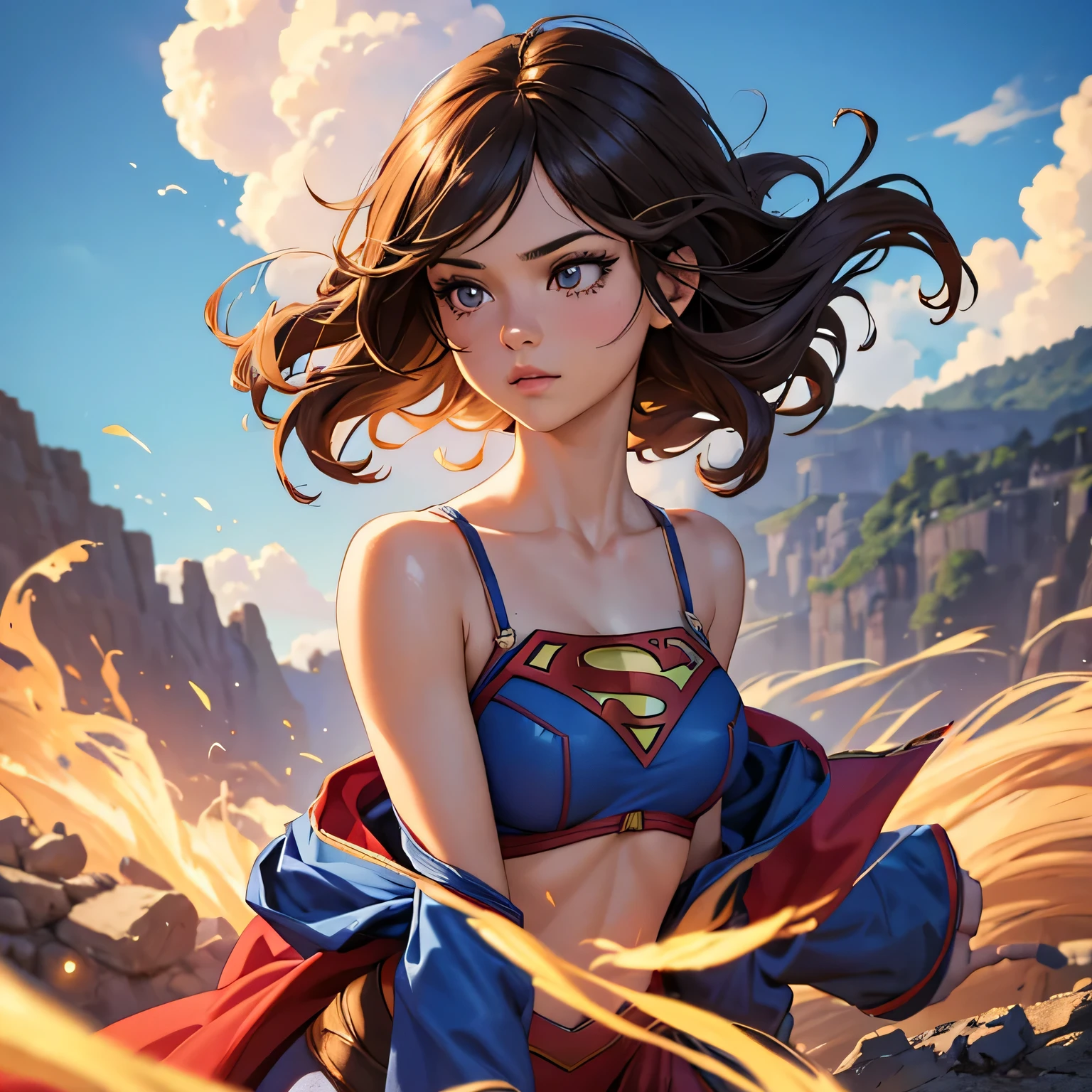 best quality, ultra-detailed, masterpiece, fine details, high res, 8k wallpaper, best quality, highres, cowboy shot, supergirl, spaghetti strap top, dynamic action, doing superhero stuff, superhero, beautiful girl, woman, solo, fly, sky, cloudy sky, (cute:1.3), realistic, (cute), (detailed face), detailed eyes, detailed iris, detailed skin, masterpiece, professional photoshoot, perfect face, spaghetti strap top