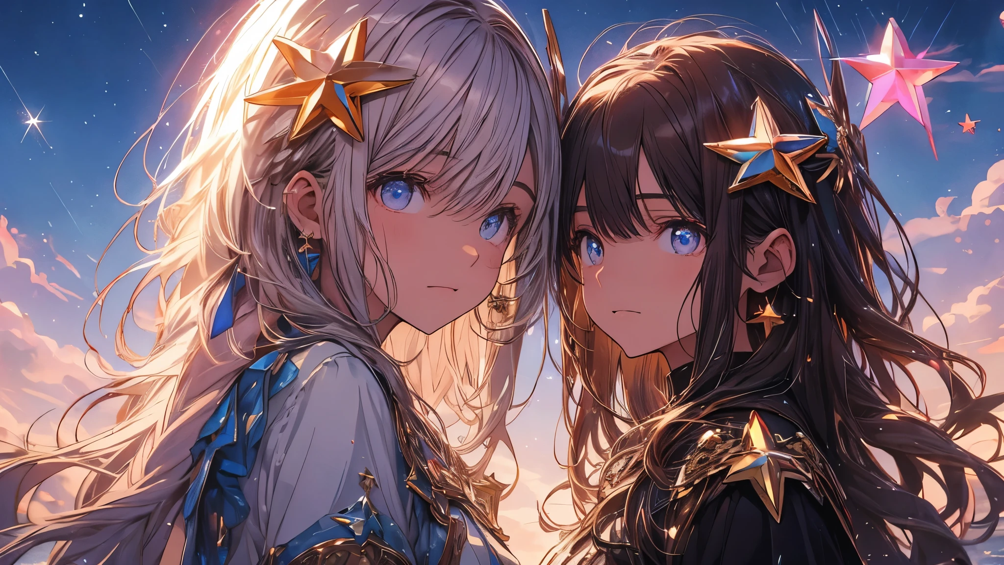 Ojos como el cielo estrellado, seems even more beautiful than immortal, ahogo, cabello, pupila en forma de estrella, ojos ambar, alto detalle, animado, brown cabello, long cabello、laugh