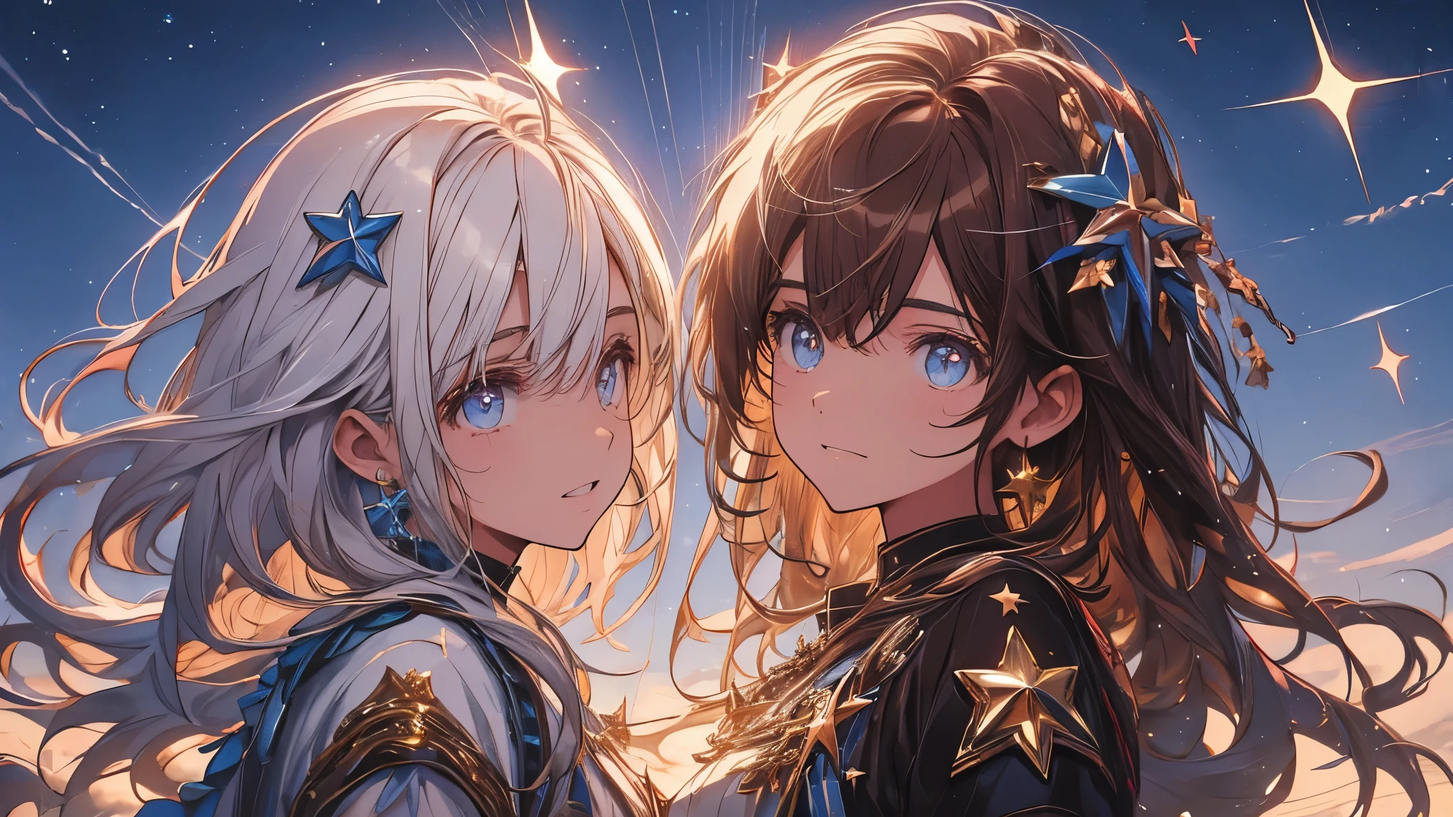 Ojos como el cielo estrellado, seems even more beautiful than immortal, ahogo, cabello, pupila en forma de estrella, ojos ambar, alto detalle, animado, brown cabello, long cabello、laugh