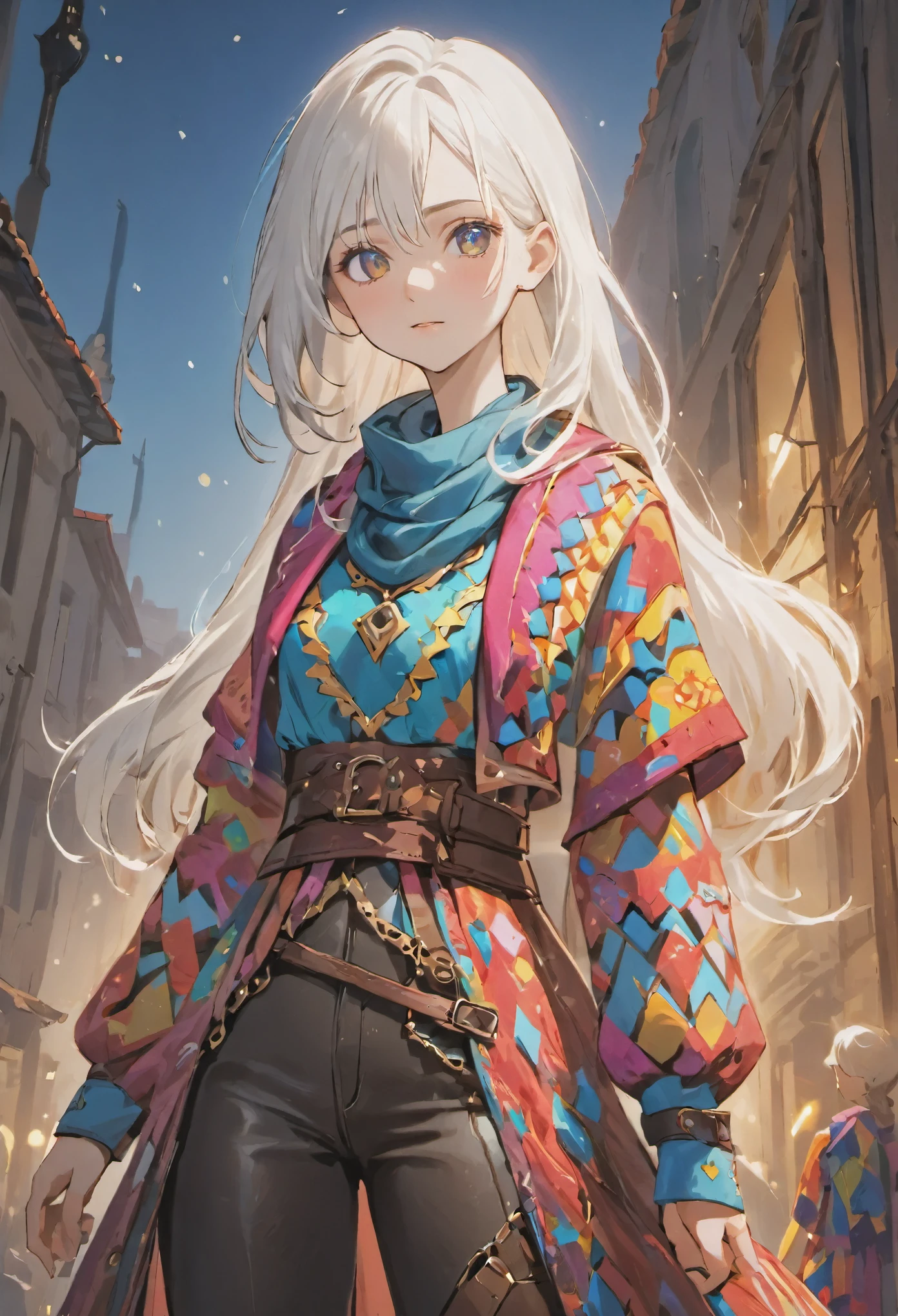 ((medium white hair)), sparkling pure white hair, female adventurer, game art style, (masterpiece), (colorful clothing 1:5), scarves, leather belts, half skirt over pants and boots, flowing blouse and leather corset, best quality, highres, 4k, 8k, Detailed Illustration, intricate detail, cinematic lighting, amazing quality, 1girl, fit female, amazing shading, soft lighting, facing camera, perfect eyes