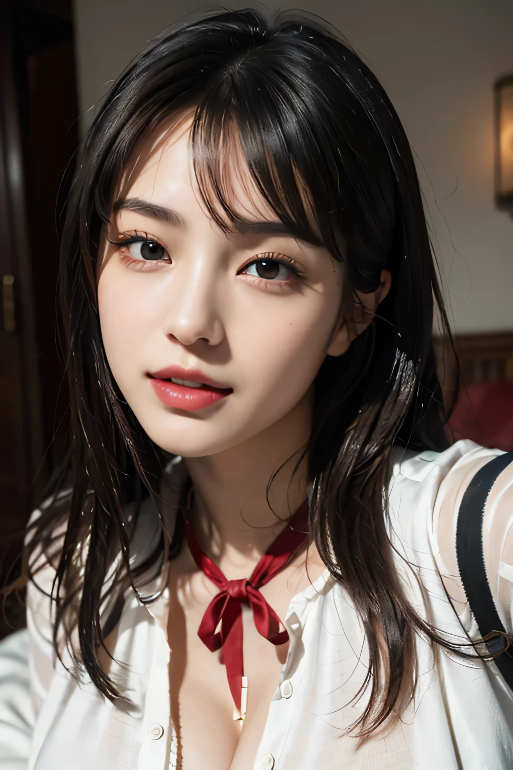 masterpiece、highest quality、realistic、(超realistic), (enlightenment), (High resolution), (8K), (very detailed), (The best enlightenmentns), (beautiful and detailed eyes), (highest quality), (Super detailed), (masterpiece), (wallpaper), (detailed face), bed、upper body close-up,armpit, laughter,Plump,alone,(wearing a silk plunge-open shirt:1.5), full of sweat, Japanese, big and full breasts, (camel toe)、huge breasts、luxury living room、detailed white teeth、ultimate beautiful girl、No bra、Please tie a red ribbon around your neck...、perfect teeth、(handsome hair)、belly button、light makeup、(brown eyebrows)、(brown hair)、