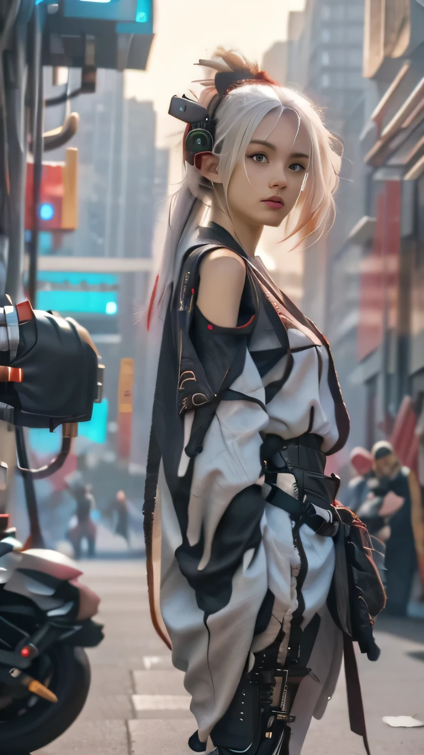 A woman very beautiful cyberpunk samurai, she is holding a katana sword, pulling the katana out of its sheath, she is holding a sword, Korean polearm ornate back decoration, realistic 3D anime style, cgsociety 9,2.5D cgi anime fantasy artwork, realistic 3 d anime.pose beautiful.redAssassin.Standing and sitting with hands on knees, carrying sword on shoulder.(Standing with arms crossed over chest, back to wall).white hair.big thighs.lolita robot.
