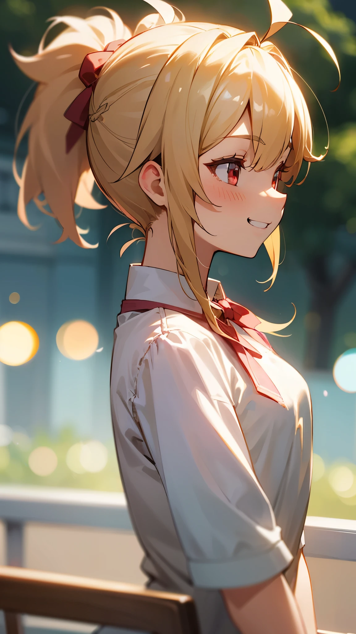 1girl、small breasts、blonde、red eye、ponytail、Ahoge、grin、profile、upper body close-up、Morning café terrace、background bokeh, Depth of the bounds written