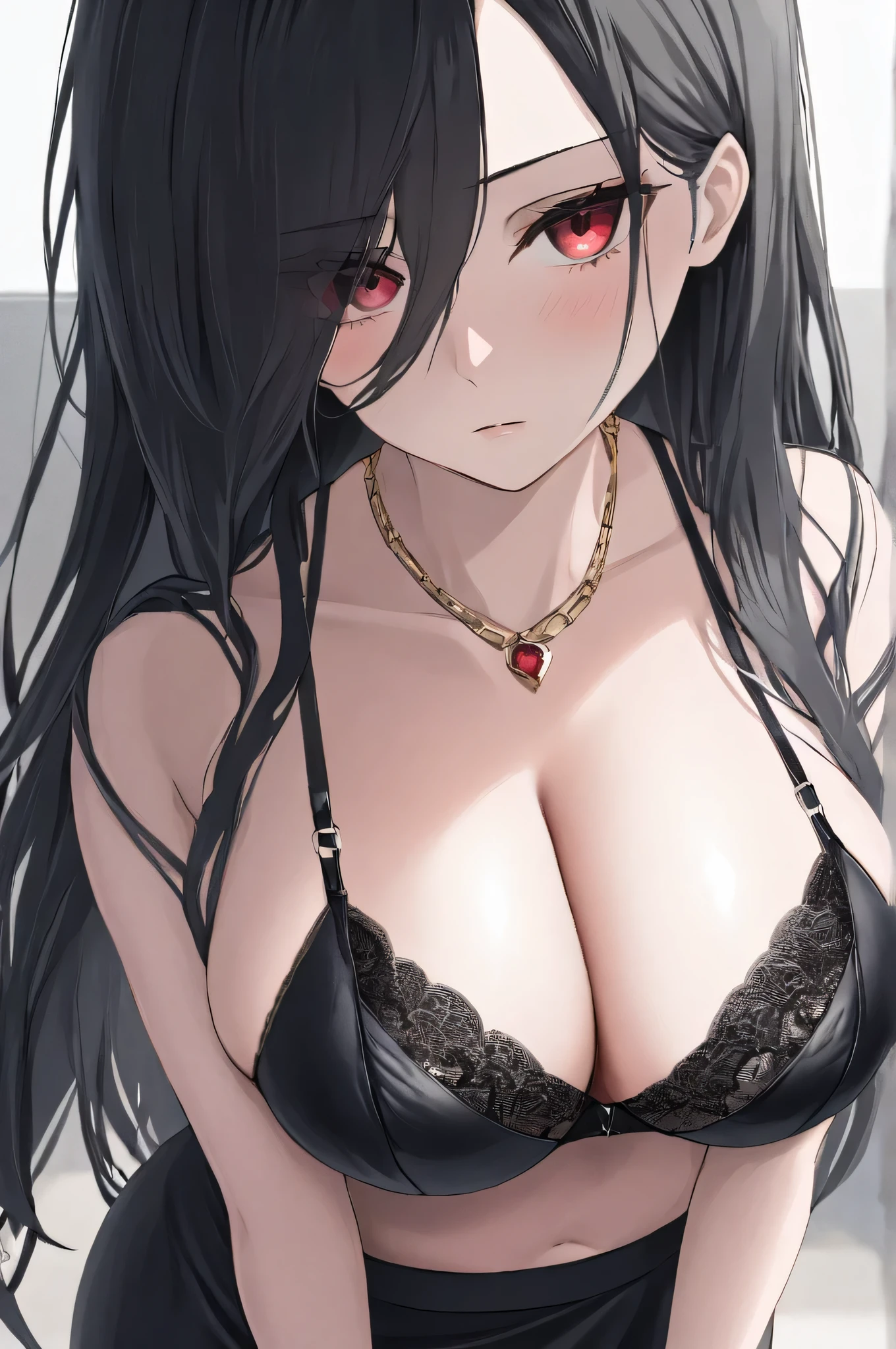 kelolinde,1girl,jewelry,breasts,skirt,solo,shirt,pencil skirt,black skirt,bra,cleavage,pantyhose,necklace,looking at viewer,holding,black bra,Bra,long hair,black hair, light red color eyes, detail face, detail hair, detail eyes,unfriendly face, detail breast