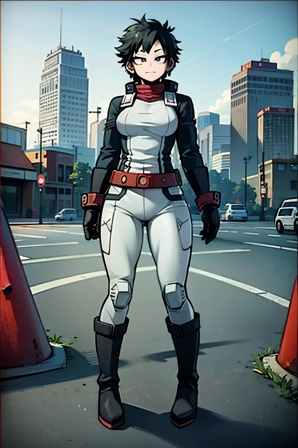 ((((My Hero Academia Style)))), (((PA-san))), 1girl, medium breasts, leotard, bare legs, tight belt, boots, matching boots, gloves, city backdrop, solo, single, hands on hip, standing, full body shot, cowboy shot, superhero, beautiful detailed eyes, mature lady, star symbol on chest, black hair, (((perfect anatomy))), (((Full body photo:1.5))), 