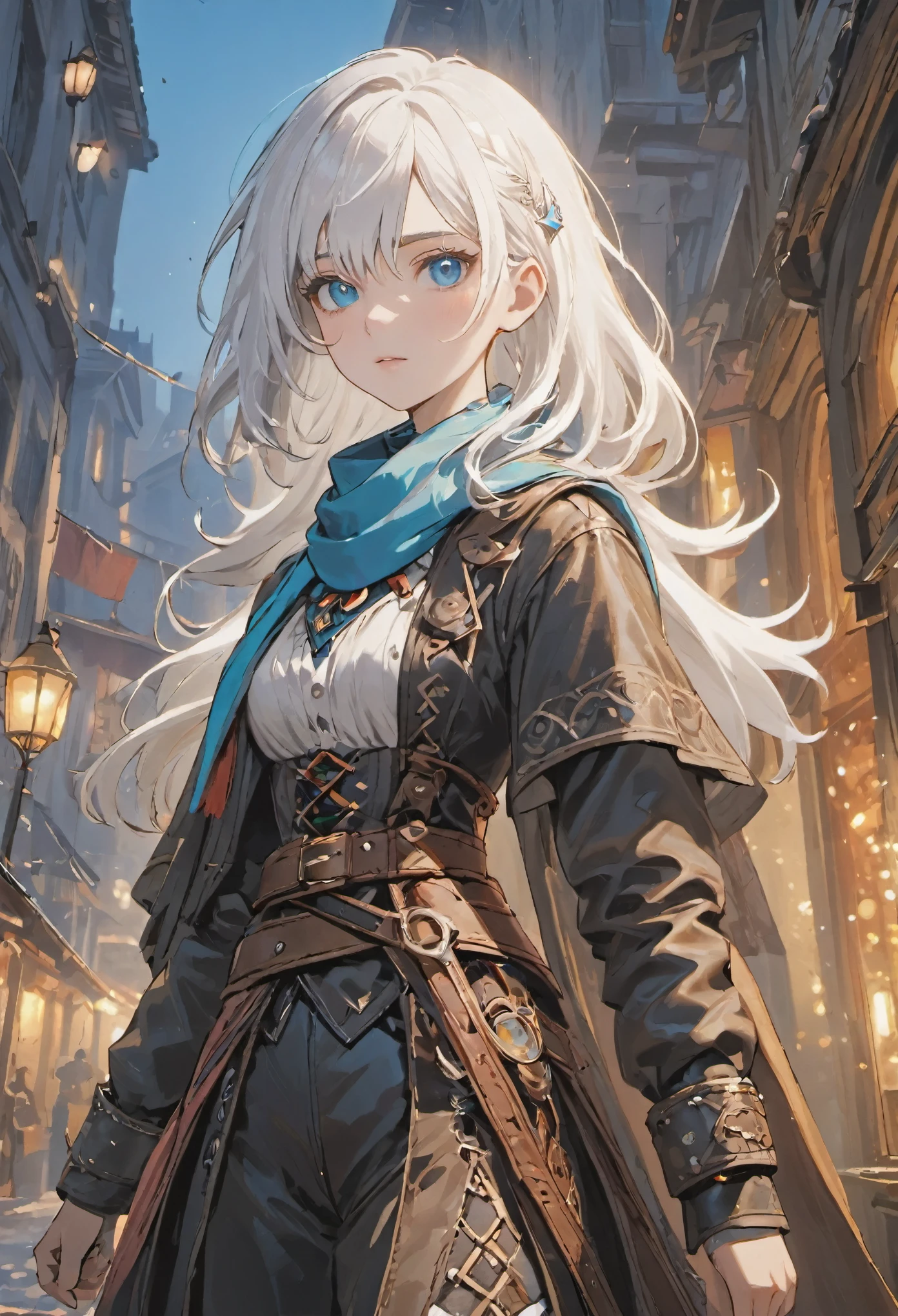 ((medium white hair)), bright blue eyes, sparkling pure white hair, female adventurer, game art style, (masterpiece), (colorful accent clothing), colorful scarves, leather belts, half skirt over pants and boots, flowing blouse and leather corset, best quality, highres, 4k, 8k, Detailed Illustration, intricate detail, cinematic lighting, amazing quality, 1girl, fit female, amazing shading, soft lighting, facing camera, perfect eyes