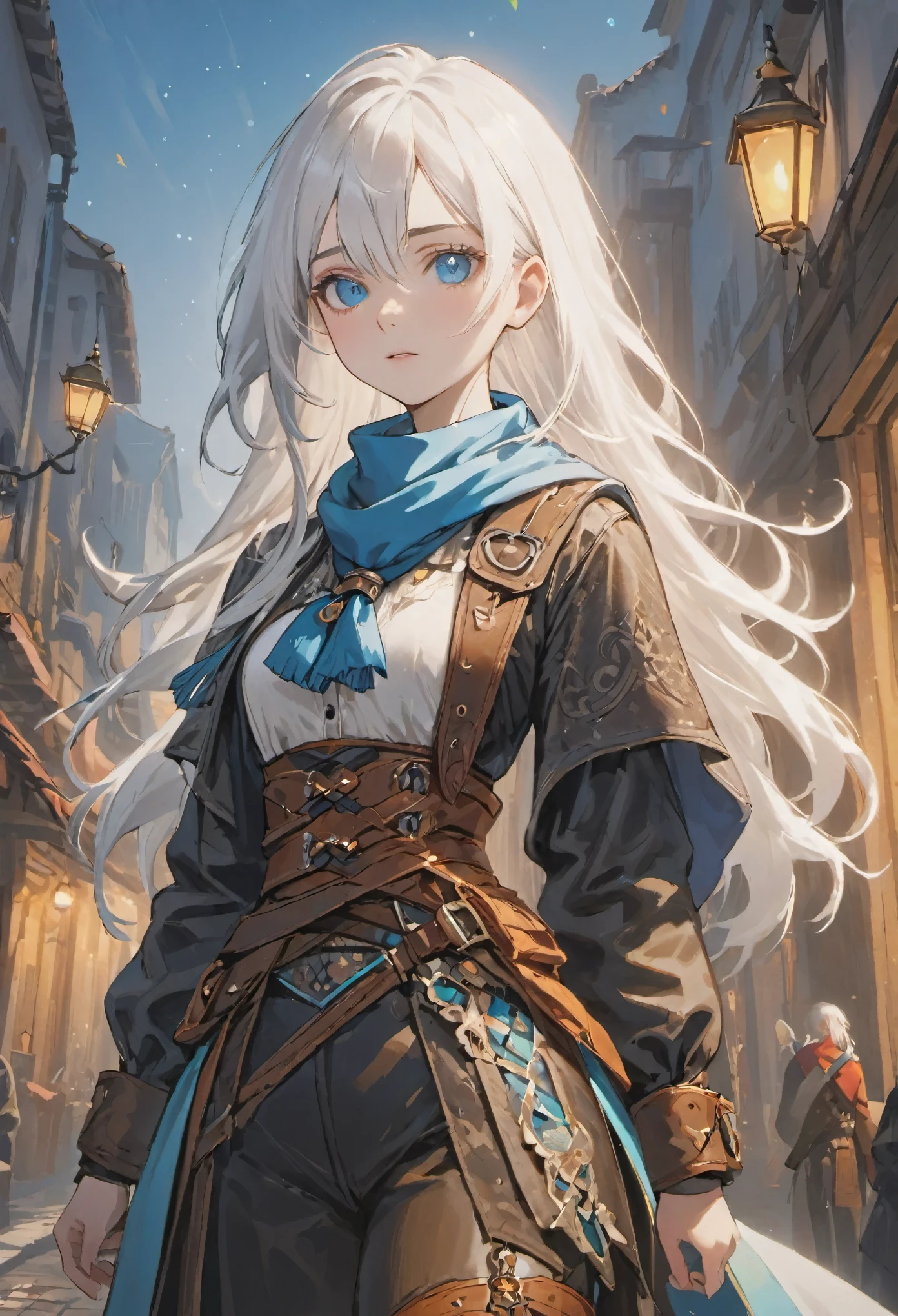 ((medium white hair)), bright blue eyes, sparkling pure white hair, female adventurer, game art style, (masterpiece), (colorful accent clothing), colorful scarves, leather belts, half skirt over pants and boots, flowing blouse and leather corset, best quality, highres, 4k, 8k, Detailed Illustration, intricate detail, cinematic lighting, amazing quality, 1girl, fit female, amazing shading, soft lighting, facing camera, perfect eyes