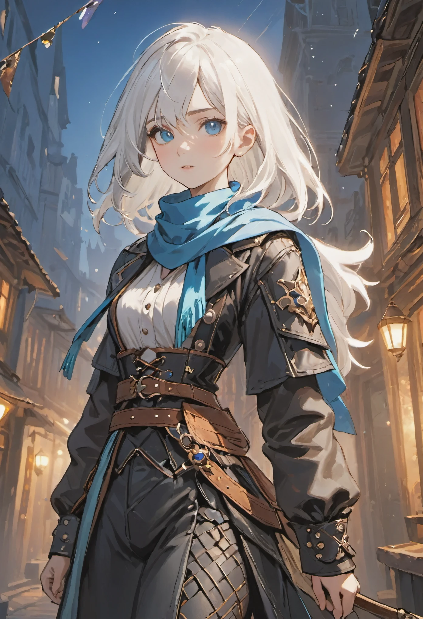 ((medium white hair)), bright blue eyes, sparkling pure white hair, female adventurer, game art style, (masterpiece), (colorful accent clothing), colorful scarves, leather belts, half skirt over pants and boots, flowing blouse and leather corset, best quality, highres, 4k, 8k, Detailed Illustration, intricate detail, cinematic lighting, amazing quality, 1girl, fit female, amazing shading, soft lighting, facing camera, perfect eyes