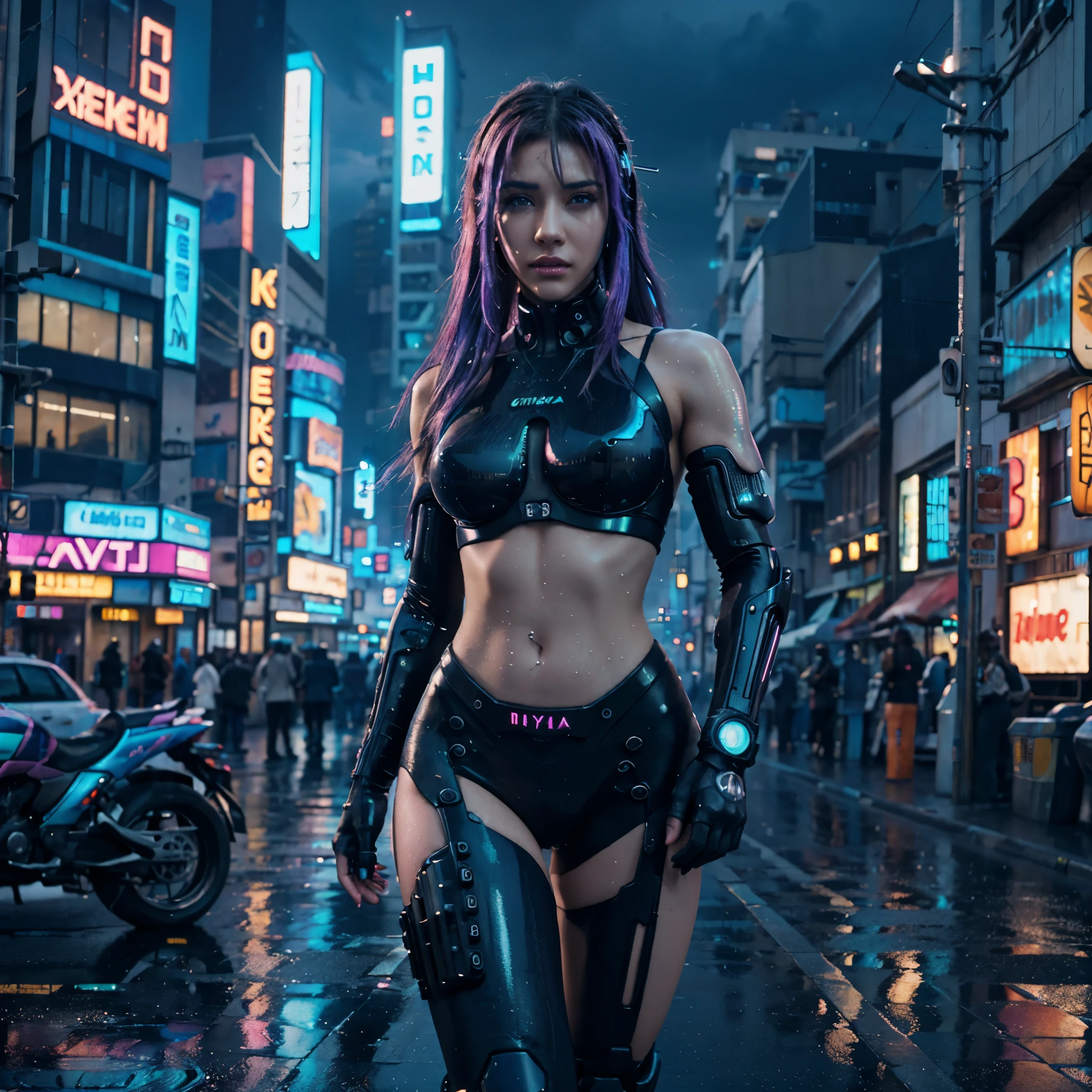 (cyberpunk city)(vaporwave 1.7)(photorealistic) A female cyborg dance in the rain, jaw-dropping beauty, xenosaga kosmos, cinematic cyberpunk neon city.