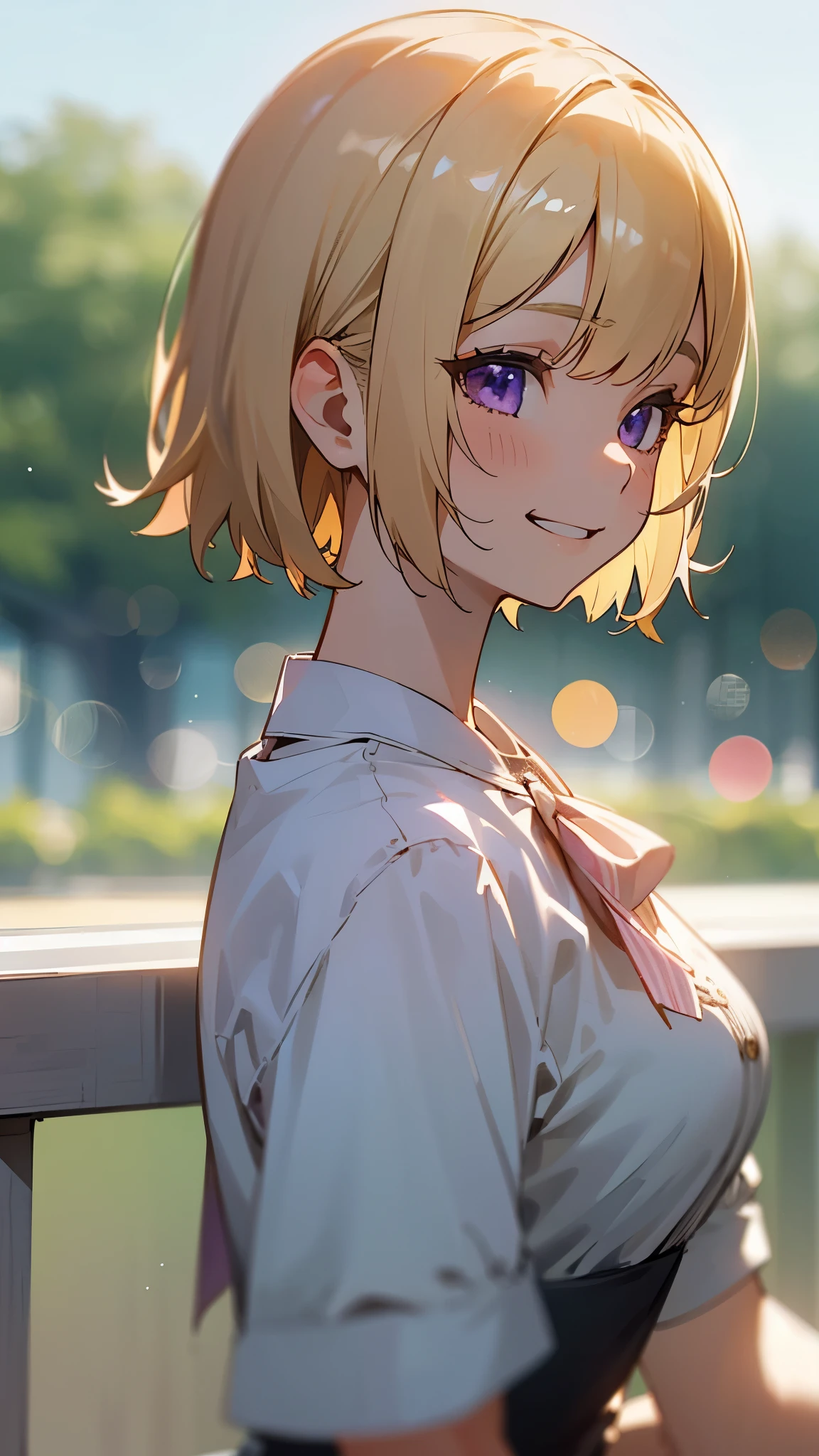 １girl、blonde、short bob cut, straight hair、purple eyes、grin、profile、upper body close-up、Morning café terrace、background bokeh, Depth of the bounds written