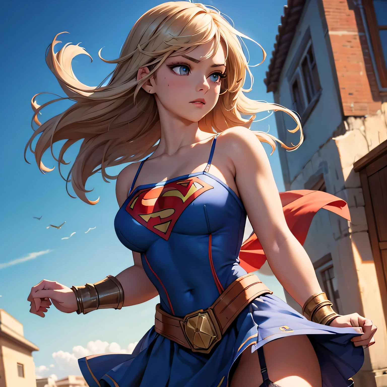 best quality, ultra-detailed, masterpiece, fine details, high res, 8k wallpaper, best quality, highres, cowboy shot, supergirl, ultimately sexy, spaghetti strap top, garter belt, light summer dress, dynamic action, flying, doing superhero stuff, superhero, beautiful girl, woman, solo, fly, sky, cloudy sky, (cute:1.3), realistic, (cute), (detailed face), detailed eyes, detailed iris, detailed skin, masterpiece, professional photoshoot, perfect face, spaghetti strap top