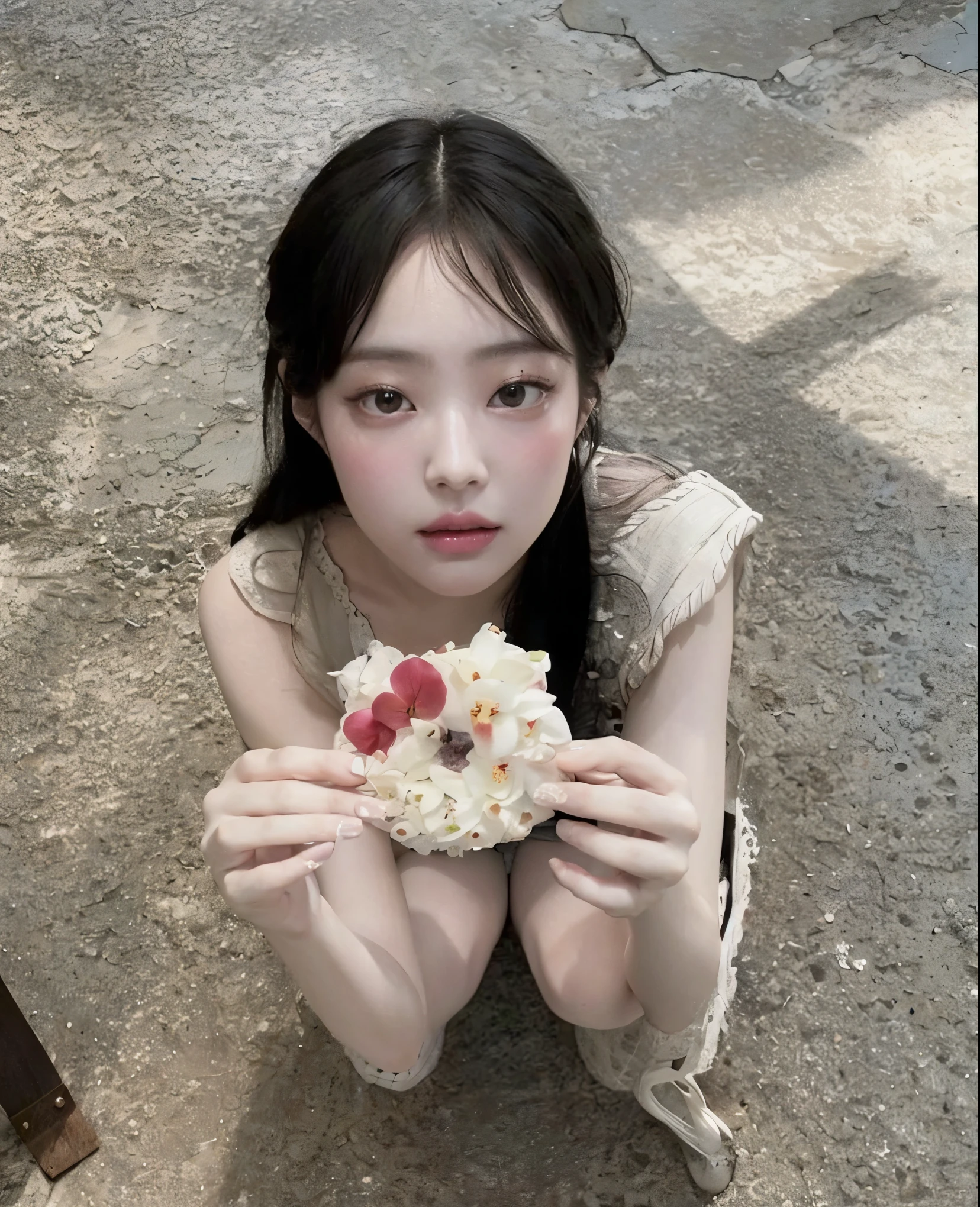 (best quality, master part), (1girl, sozinho, vestido preto, Standing , Olhando para o Viewer, cabelos brancos, olhos vermelhos, segurando rosa, boca fechada, parte superior do corpo), (Red Dreamcatcher behind, flor vermelha, )