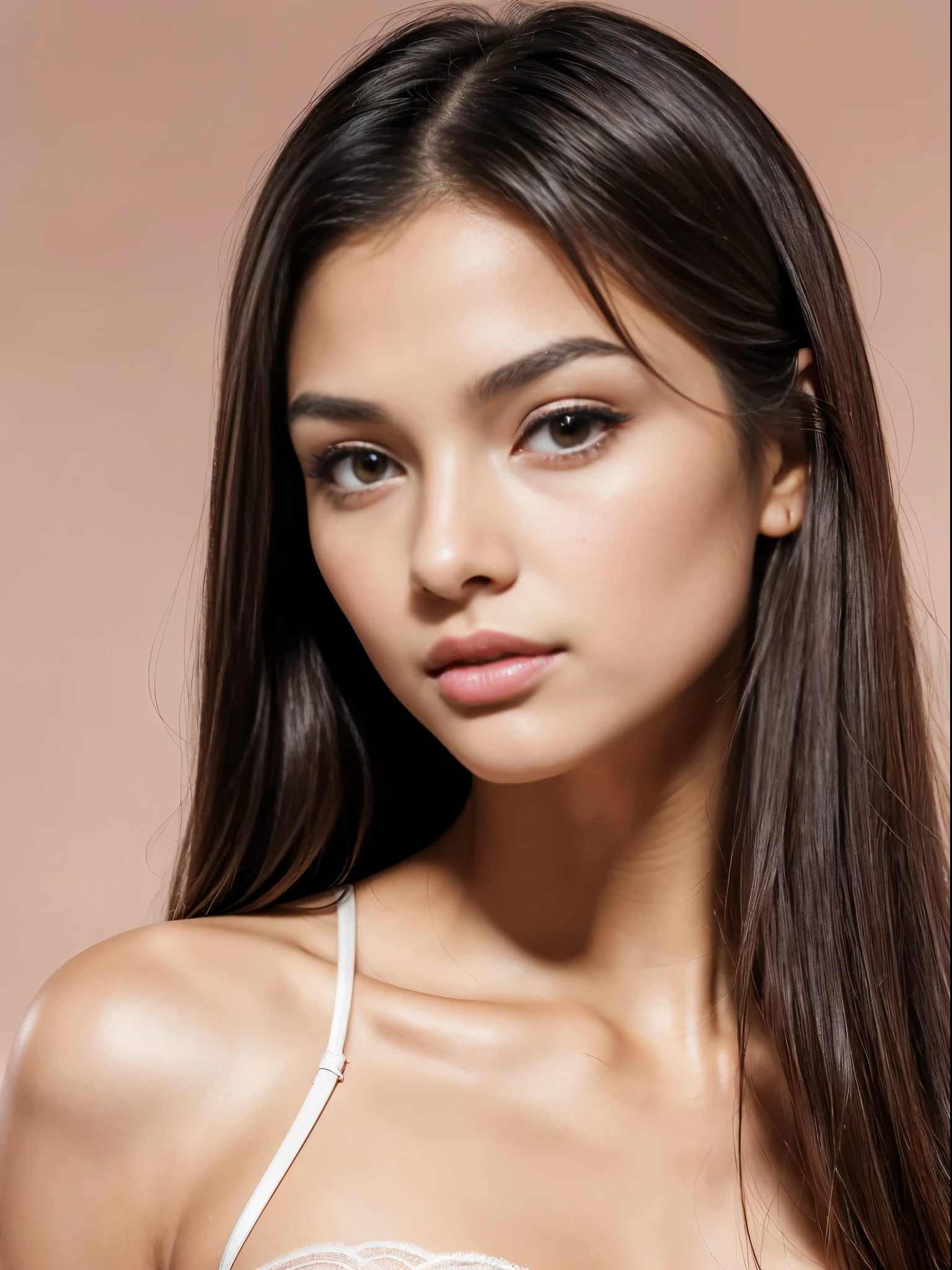 Masterpiece, realistic, highly detailed, best quality, (looking_at_viewer, young feminine 25 years woman, symmetric_face, very_cute_round_face_shape, short_face, small_face, young_face, big_breasts, short_body:1, rounded_chin+jaw, small_jaw, short_jaw, very_cute+very_feminine young_girl, tanned_skin, long_straight_hair, dark_brown_hair, very_thin_eyebrows, very_thin_brows, round_thin_brows, round_thin_eyebrows, brown_eyes, big_eyes:0.3, large_eyes:1.3, round_eyes:0.6, symmetric_eyes, mascara:0.8, makeup:1, slim_nose:1, feminine_prominent_cheekbones:1.2, slim_greek_nose, rounded_nose:1, thin_nose:1, thin_nostrils:1, thin_nose_bridge:0.5, thin_nose_tip:1, small_nose_tip:1, feminine_pink_lips, sensual_flirting_expression, wearing_turquoise_lingerie, white_backdrop), upper body headshot