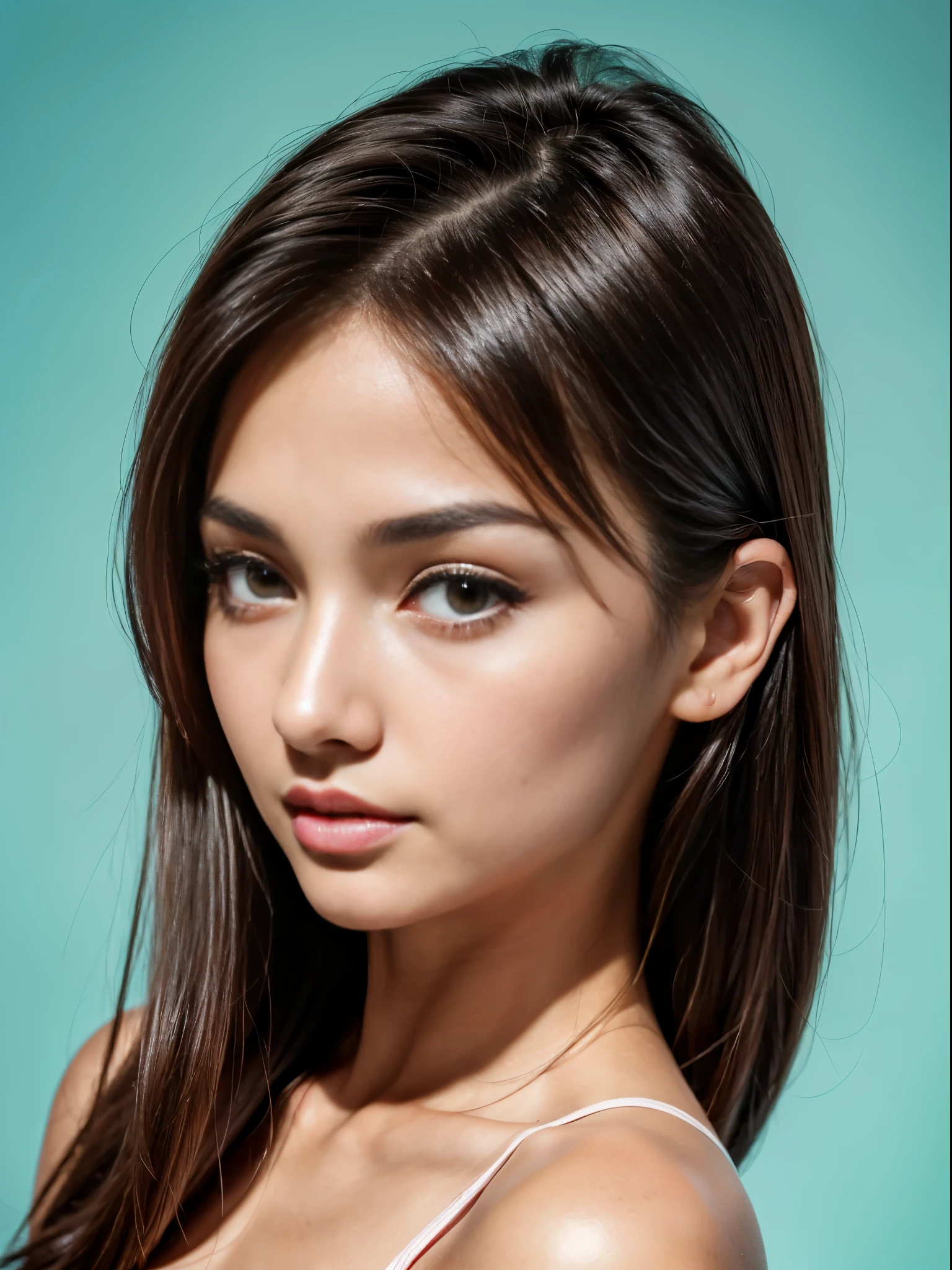 Masterpiece, realistic, highly detailed, best quality, (looking_at_viewer, young feminine 25 years woman, symmetric_face, very_cute_round_face_shape, short_face, small_face, young_face, big_breasts, short_body:1, rounded_chin+jaw, small_jaw, short_jaw, very_cute+very_feminine young_girl, tanned_skin, long_straight_hair, dark_brown_hair, very_thin_eyebrows, very_thin_brows, round_thin_brows, round_thin_eyebrows, brown_eyes, big_eyes:0.3, large_eyes:1.3, round_eyes:0.6, symmetric_eyes, mascara:0.8, makeup:1, slim_nose:1, feminine_prominent_cheekbones:1.2, slim_greek_nose, rounded_nose:1, thin_nose:1, thin_nostrils:1, thin_nose_bridge:0.5, thin_nose_tip:1, small_nose_tip:1, feminine_pink_lips, sensual_flirting_expression, wearing_turquoise_lingerie, white_backdrop), upper body headshot