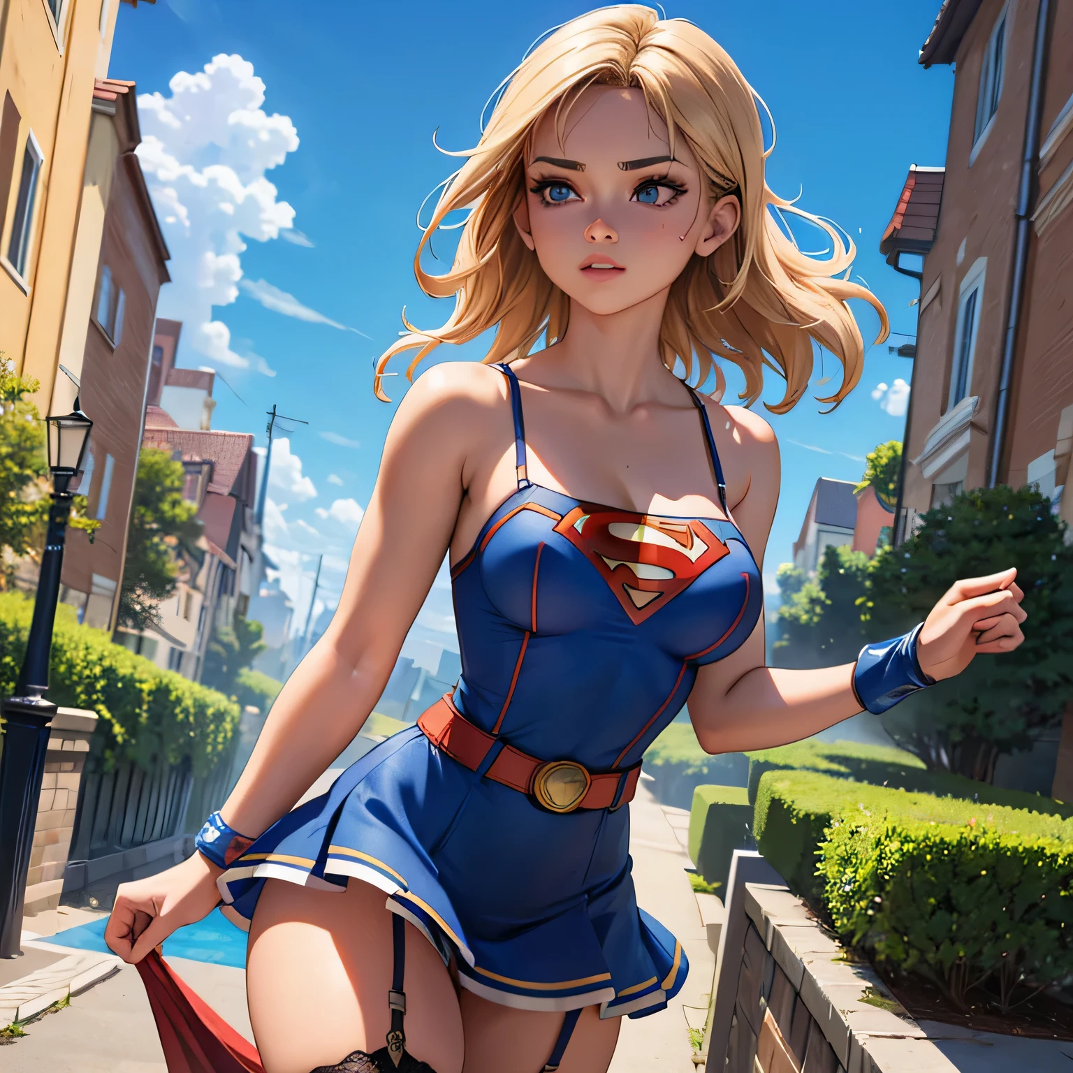 best quality, ultra-detailed, masterpiece, fine details, high res, 8k wallpaper, best quality, highres, cowboy shot, supergirl, ultimately sexy, spaghetti strap top, garter belt, light summer dress, dynamic action, flying, doing superhero stuff, superhero, beautiful girl, woman, solo, fly, sky, cloudy sky, (cute:1.3), realistic, (cute), (detailed face), detailed eyes, detailed iris, detailed skin, masterpiece, professional photoshoot, perfect face, spaghetti strap top