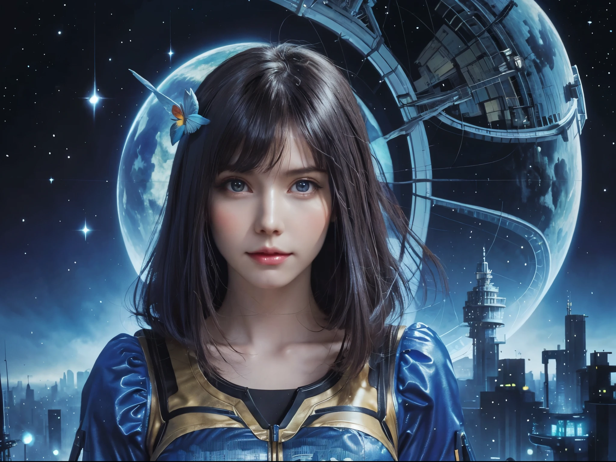 Bit Girl, holding a blue planet in her hand, in the air, bird's eye view, science fiction city, glare, forest of electronic circuits, precise watercolor painting, abstract expression, fairy tale, ((The face is realistic and beautiful) ) ((highest quality)), ((high resolution 16k)), ((background is realistic and beautiful)), --Auto
