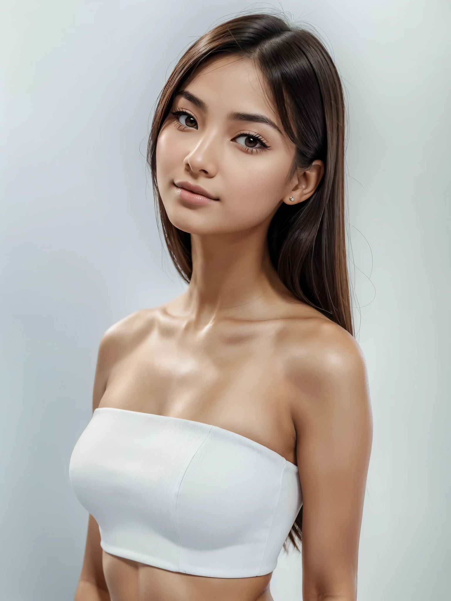 ((Beautiful)+nerd:0.8+cute:0.9) asian_woman, 20_years_woman, young_facial_feautures, (short_head:1.5 round_face:1.5), long_hair straight_hair (black_hair:1), symmetric_eyes:1 monolid_eyes:1 large_eyes:1.2 short_eyes:1.2 eye_wings:0.8 brown_eyes:1.5 mahogany_brown_eyes:1, double_eyelid:0.8, small_eyebrows:1.5 rounded_eyebrows:1.3, (tanned_skin:1.3), european_nose:1 delicate_nose:1.2, young_gorgeous_woman, feminine_cheeks large_cheeks:1.3 round_cheeks:1.2 cheek_dimples:0.9, small_lips:1.4 pink_lips:0.9, most_beautiful_woman (1Woman:1.5, (Masterpiece, 8K, best quality, highres:1.5), (three_quarter_shot:1.5, looking_at_viewer:1.5, body_looking_at_viewer:1.5), white_photoshoot:1, white_room:1, white_backdrop:1.5, standing, neutral_body_posture:1.5, (neutral_facial_expression:1.5, closed_lips:1), wearing white_strapless_mini_dress), slender_body:1, short_body:1, medium_breast