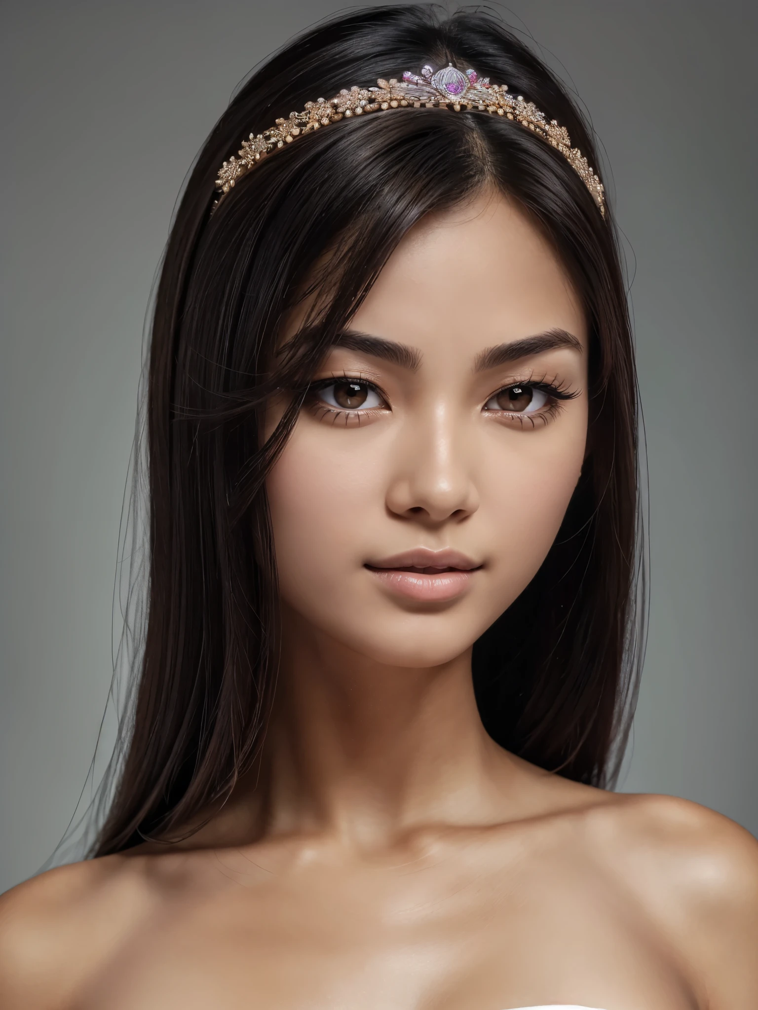 ((Beautiful)+nerd:0.8+cute:0.9) asian_woman, 20_years_woman, young_facial_feautures, (short_head:1.5 round_face:1.5), long_hair straight_hair (black_hair:1), symmetric_eyes:1 monolid_eyes:1 large_eyes:1.2 short_eyes:1.2 eye_wings:0.8 brown_eyes:1.5 mahogany_brown_eyes:1, double_eyelid:0.8, small_eyebrows:1.5 rounded_eyebrows:1.3, (tanned_skin:1.3), european_nose:1 delicate_nose:1.2, young_gorgeous_woman, feminine_cheeks large_cheeks:1.3 round_cheeks:1.2 cheek_dimples:0.9, small_lips:1.4 pink_lips:0.9, most_beautiful_woman (1Woman:1.5, (Masterpiece, 8K, best quality, highres:1.5), (three_quarter_shot:1.5, looking_at_viewer:1.5, body_looking_at_viewer:1.5), white_photoshoot:1, white_room:1, white_backdrop:1.5, standing, neutral_body_posture:1.5, (neutral_facial_expression:1.5, closed_lips:1), wearing white_strapless_mini_dress), slender_body:1, short_body:1, medium_breast